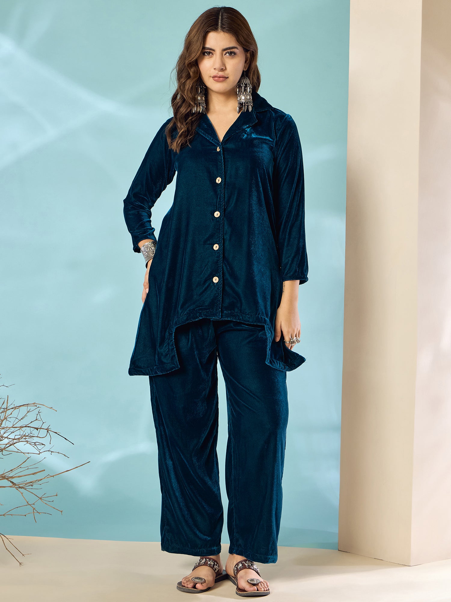 Peacock Teal Velvet Blazzer Coord Set