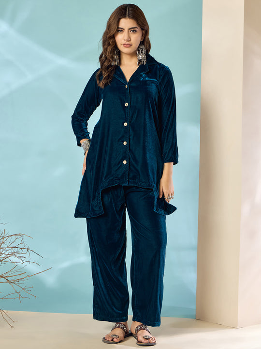 Peacock Teal Velvet Blazzer Coord Set