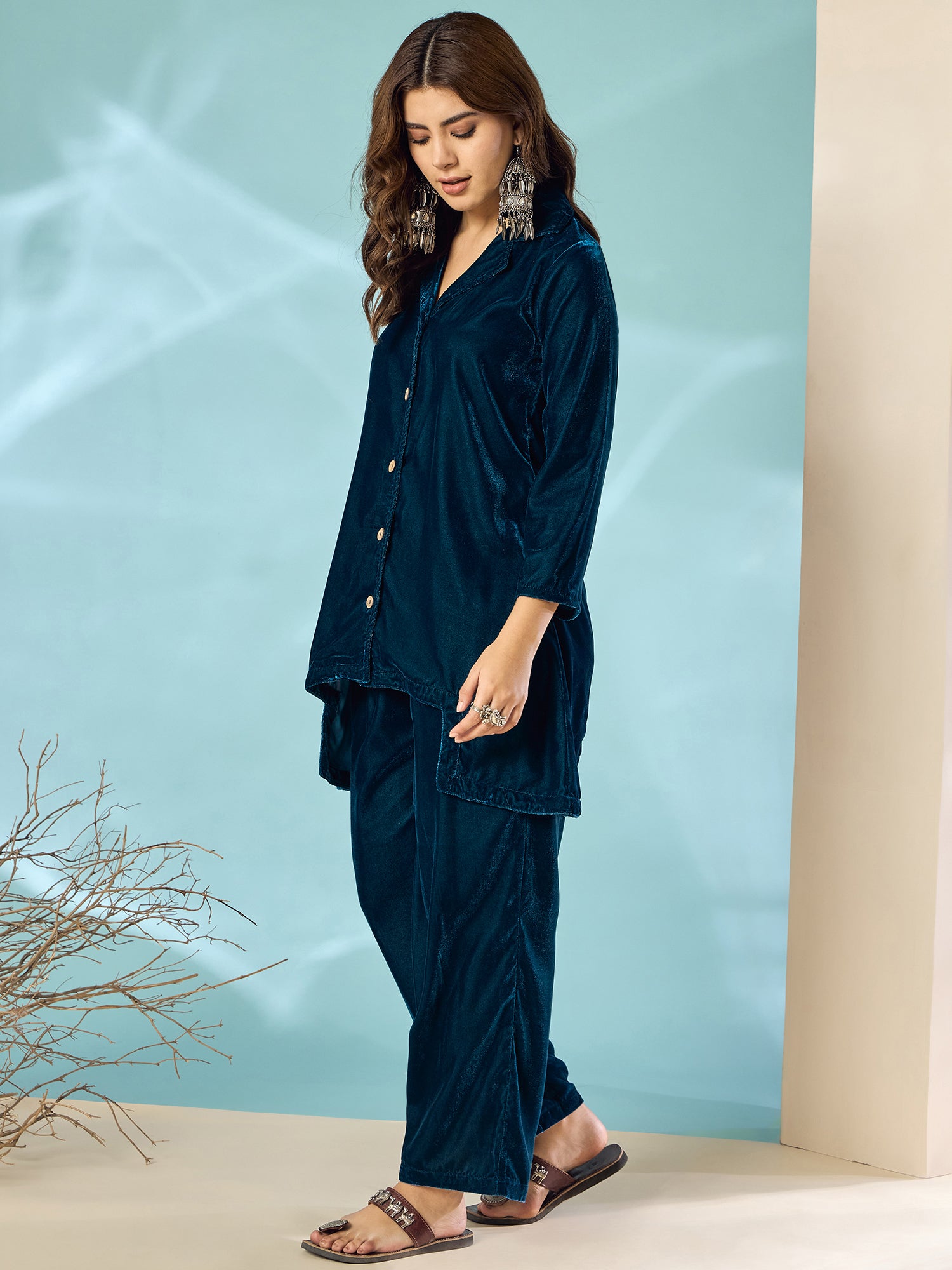 Peacock Teal Velvet Blazzer Coord Set