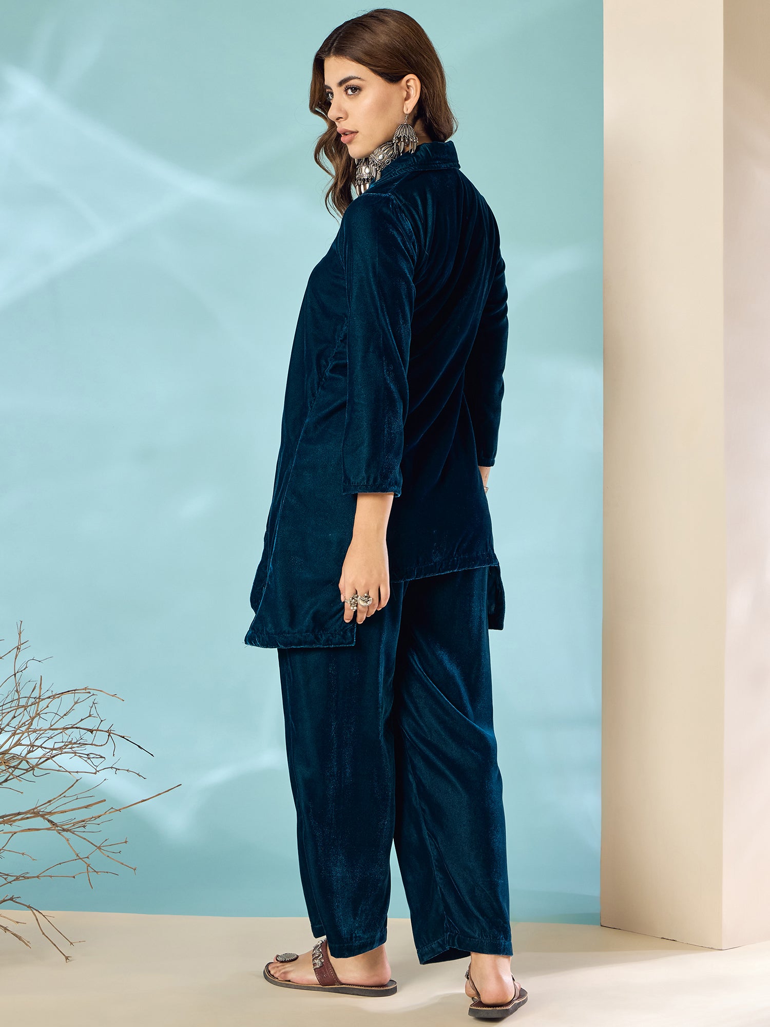 Peacock Teal Velvet Blazzer Coord Set