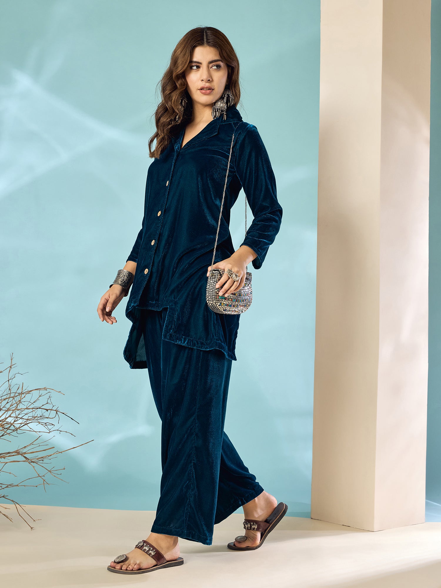 Peacock Teal Velvet Blazzer Coord Set