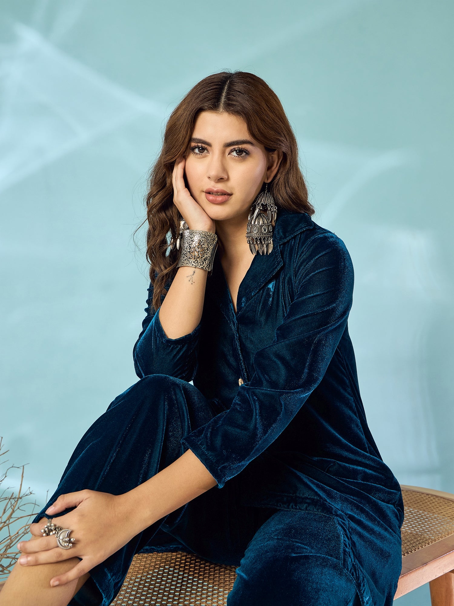 Peacock Teal Velvet Blazzer Coord Set