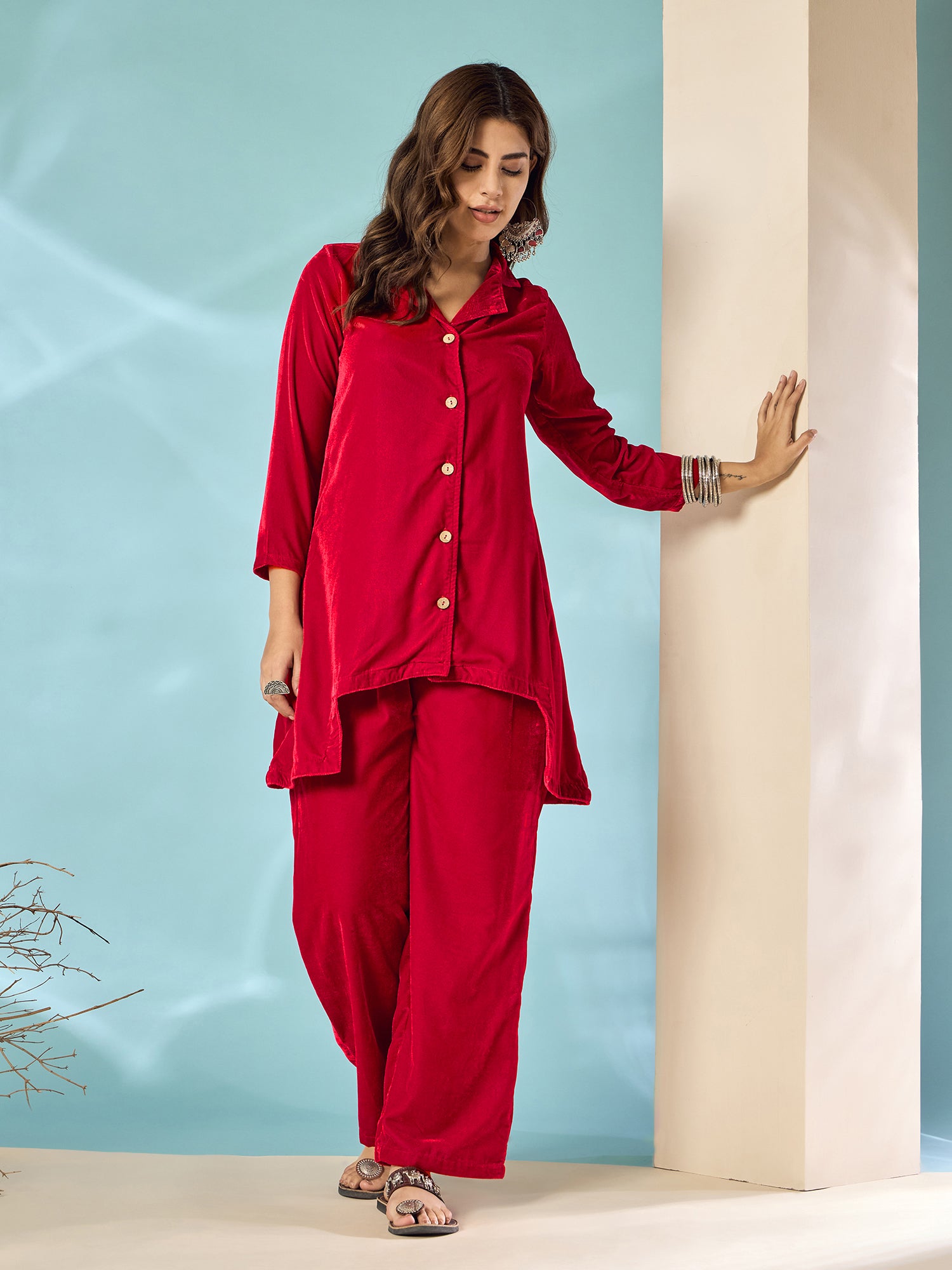 Pinkish Red Velvet Blazzer Coord Set