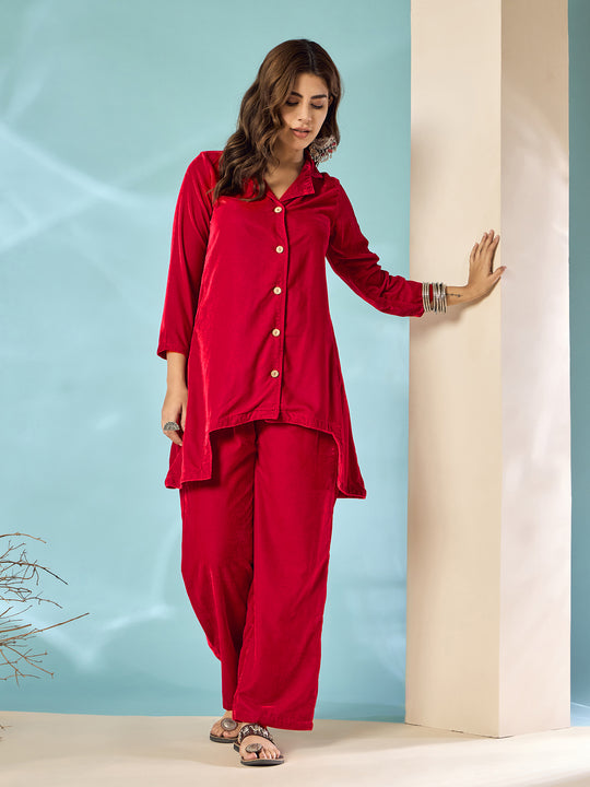 Pinkish Red Velvet Blazzer Coord Set