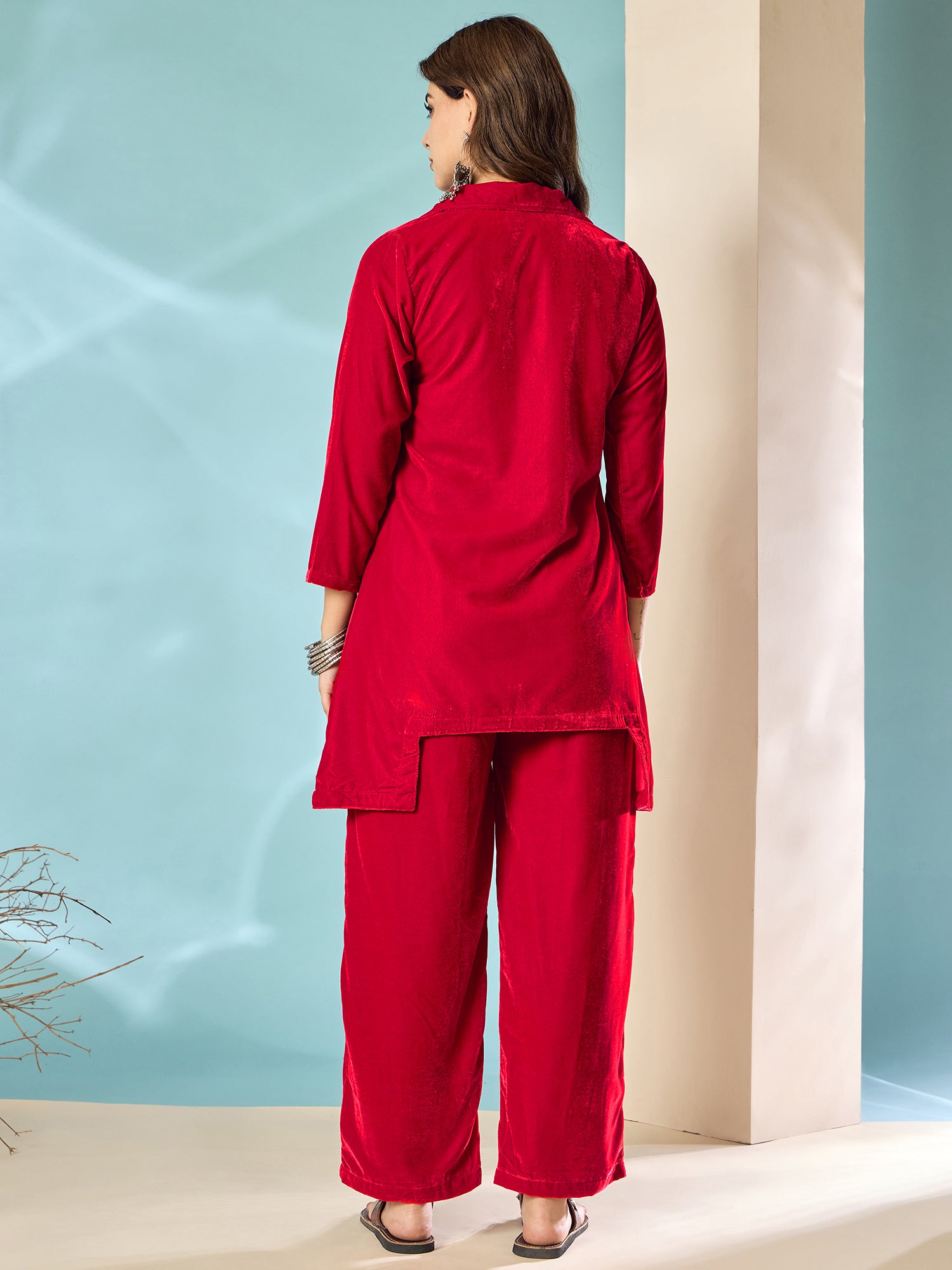 Pinkish Red Velvet Blazzer Coord Set