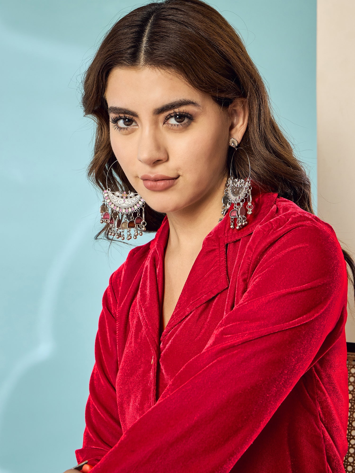 Pinkish Red Velvet Blazzer Coord Set