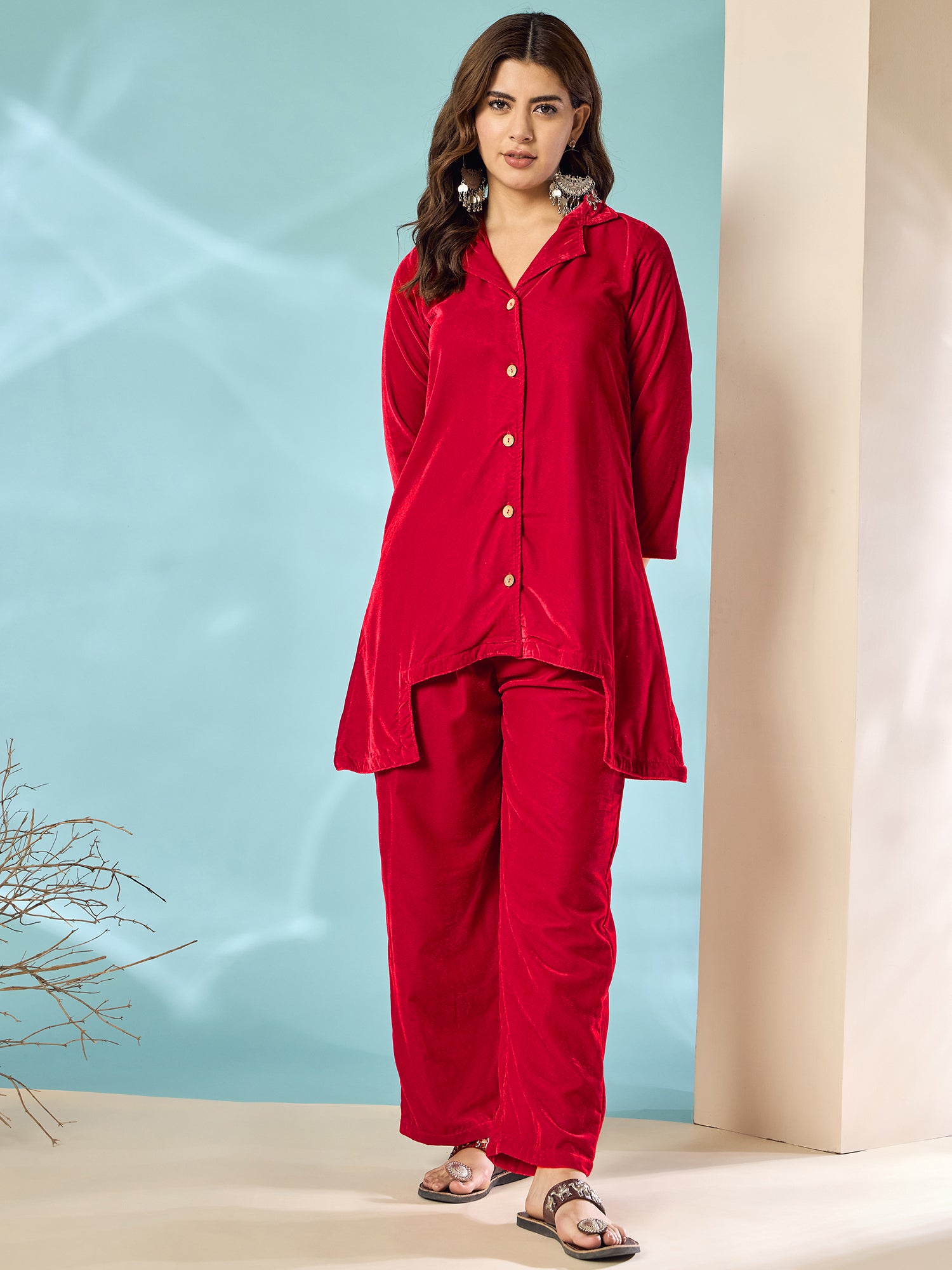 Pinkish Red Velvet Blazzer Coord Set