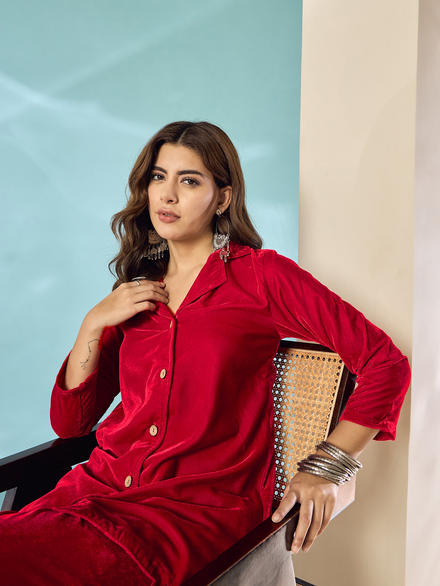 Pinkish Red Velvet Blazzer Coord Set