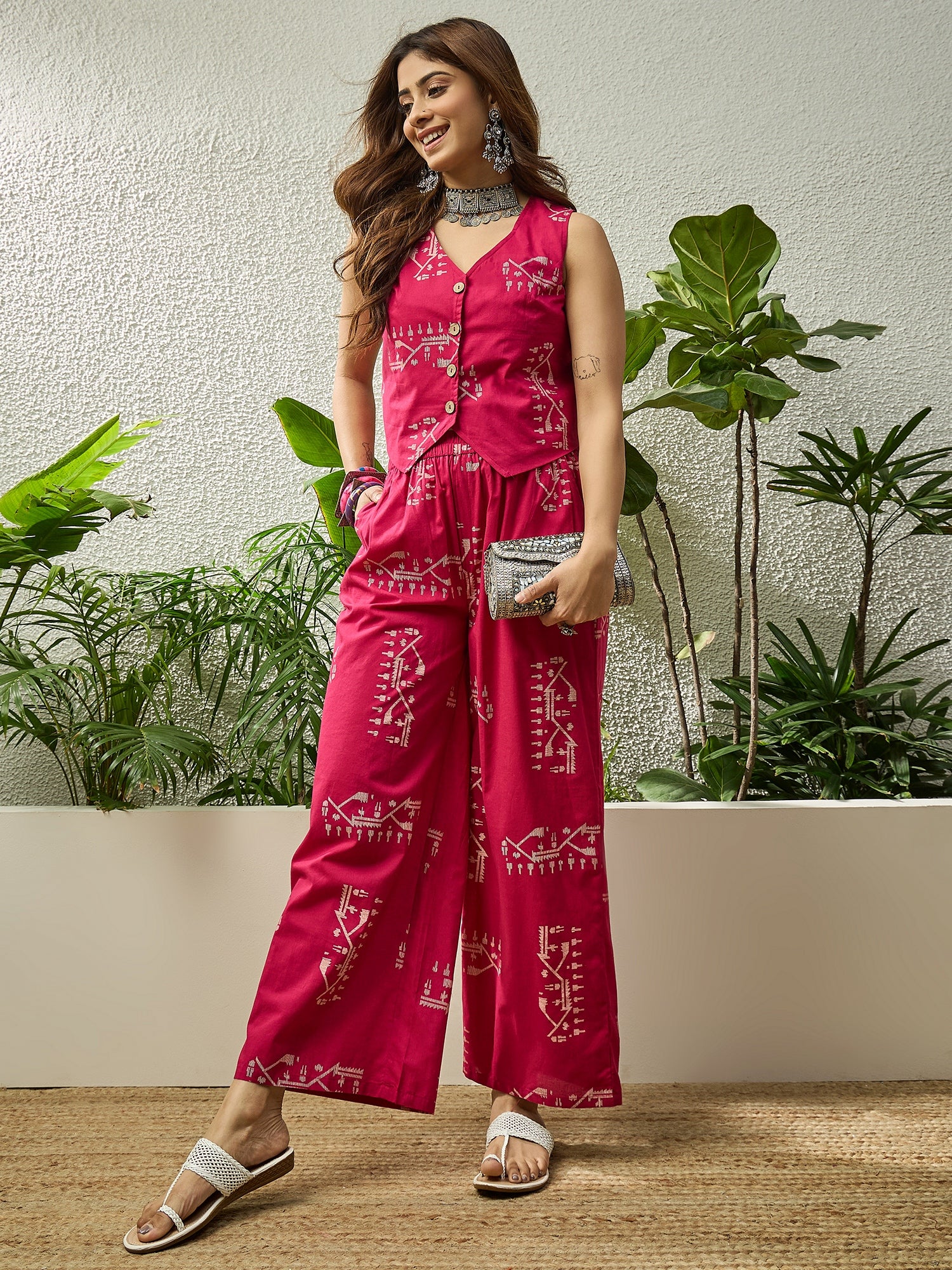 Magenta Khadi Print Waist Coord Set