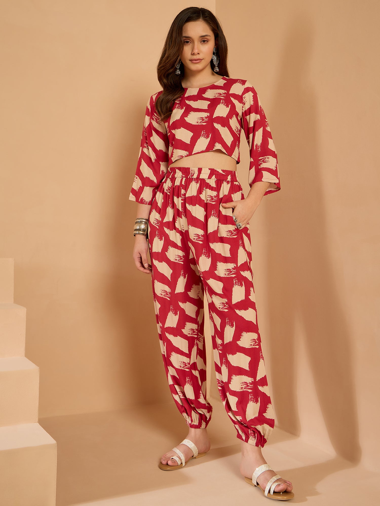 Punch Pink Begie Top Balloon Pant Set