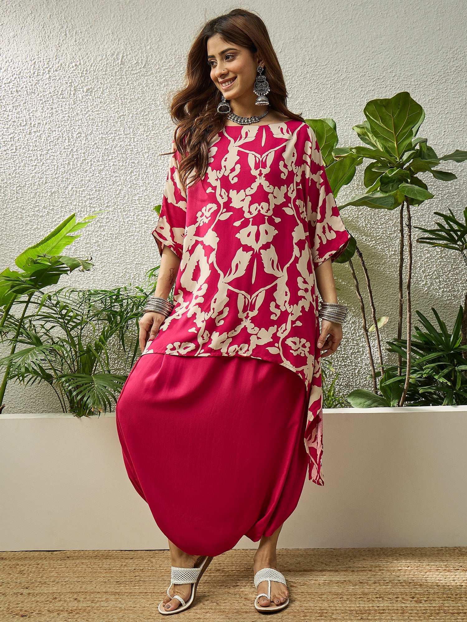 Jam Pink Beige Boat Neck Dhoti Set