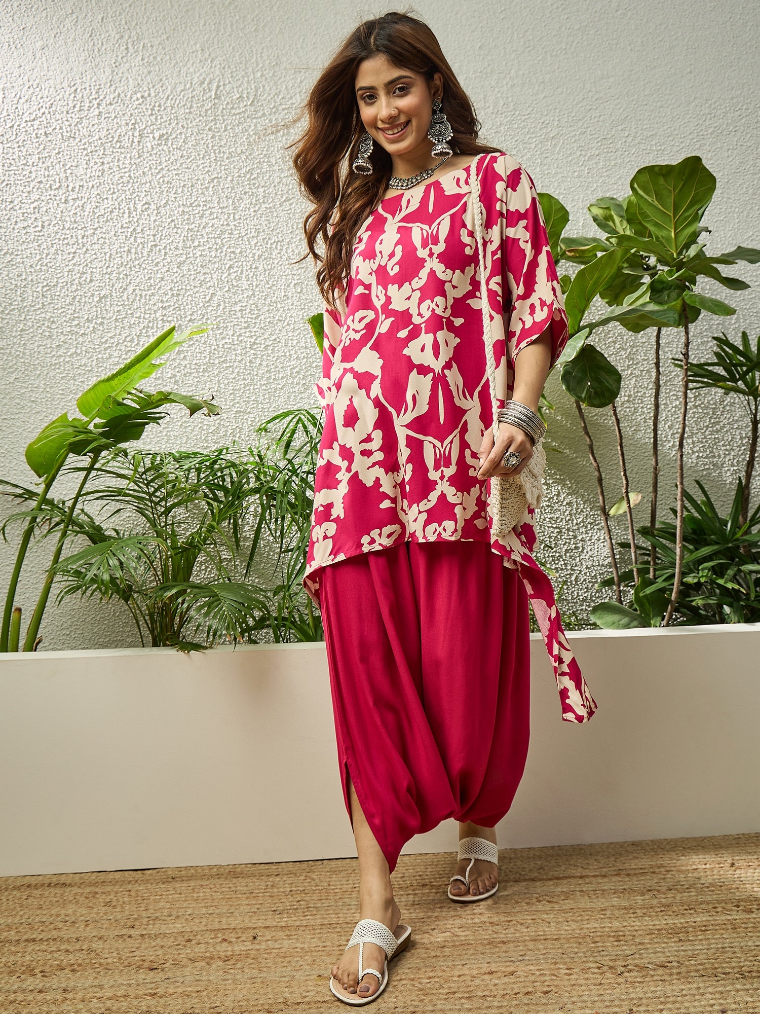 Jam Pink Beige Boat Neck Dhoti Set