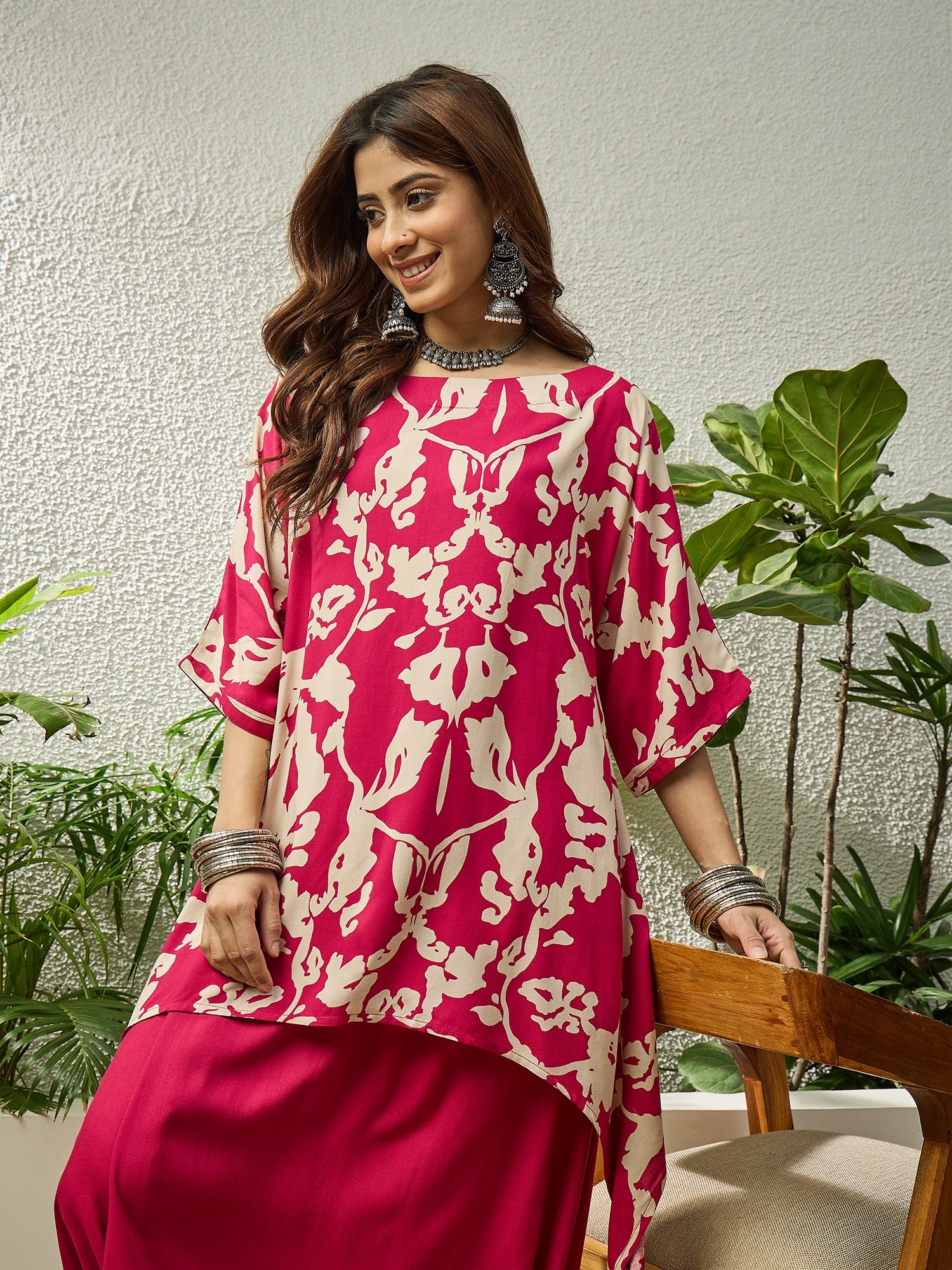 Jam Pink Beige Boat Neck Dhoti Set
