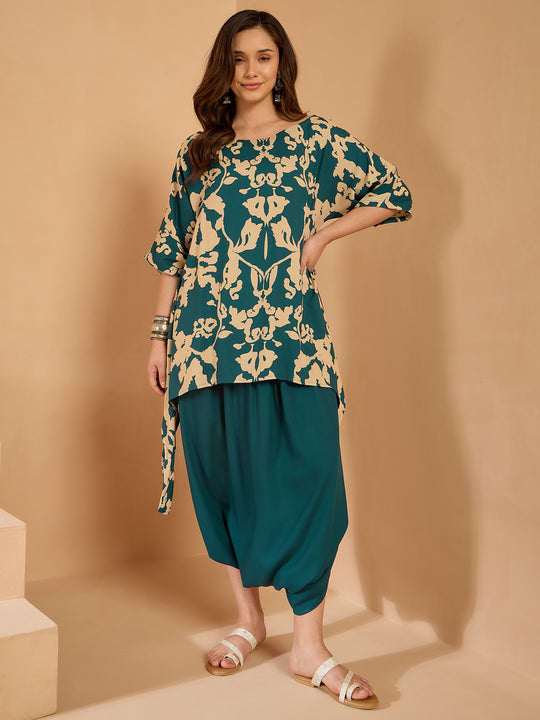 Teal Beige Boat Neck Dhoti Set
