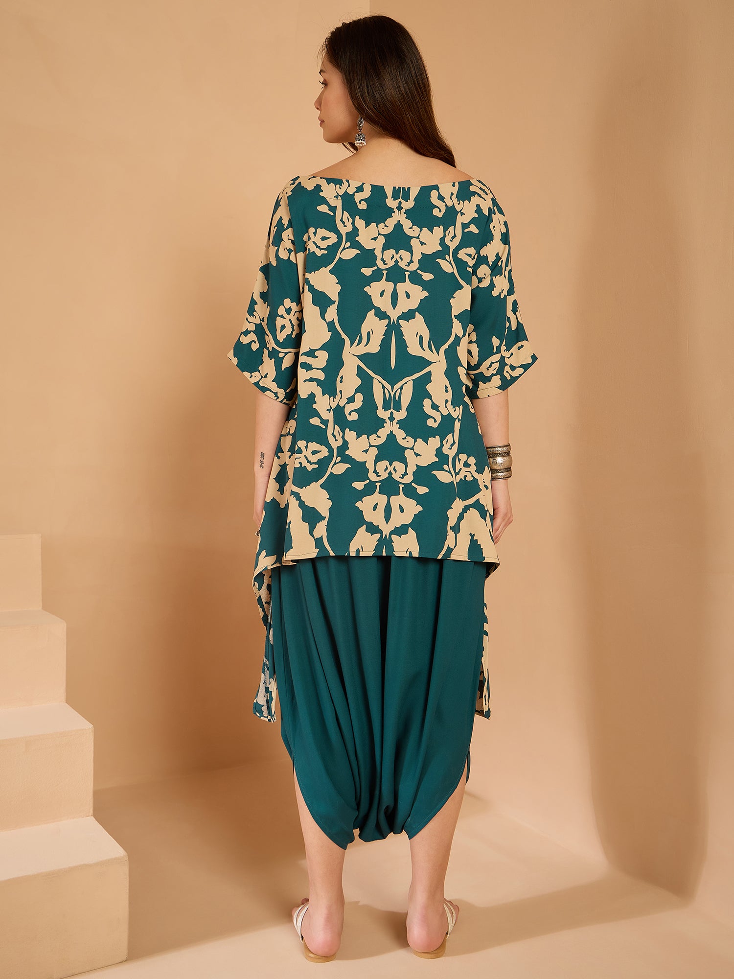 Teal Beige Boat Neck Dhoti Set