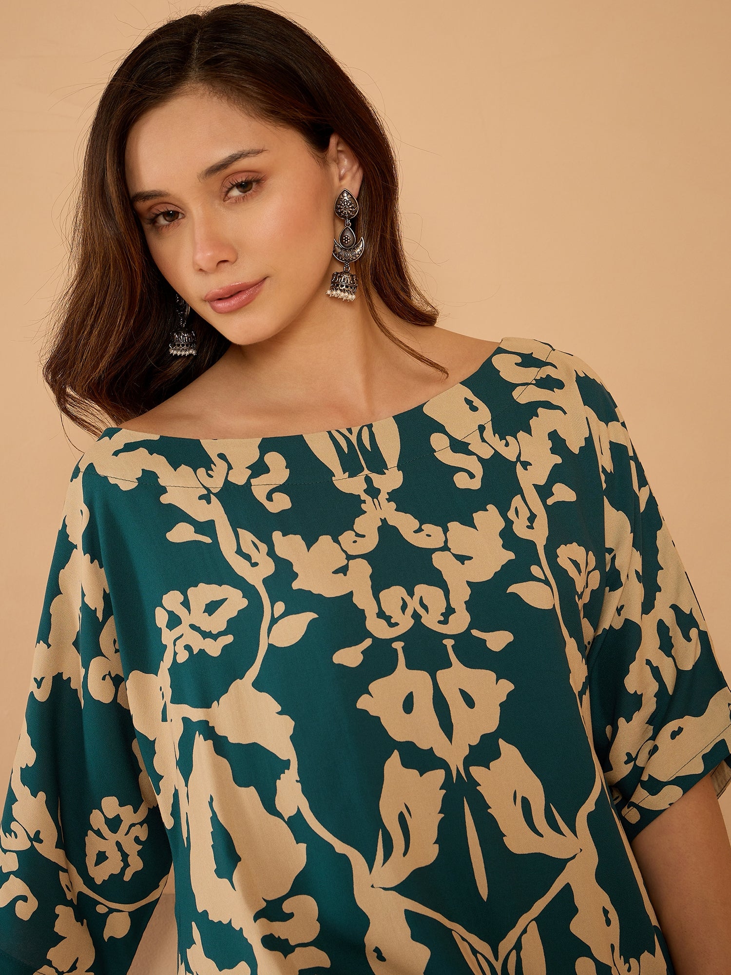 Teal Beige Boat Neck Dhoti Set