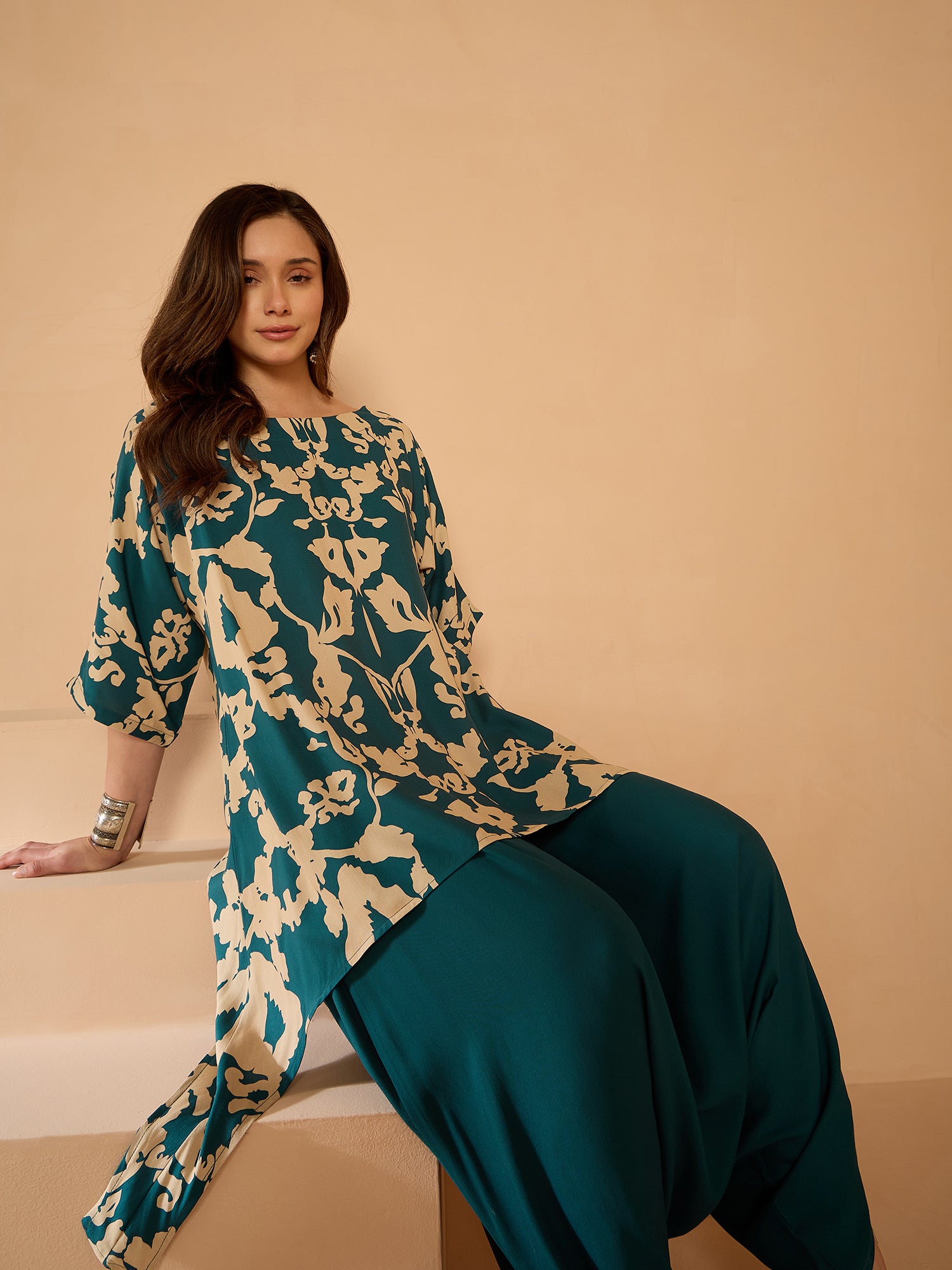 Teal Beige Boat Neck Dhoti Set