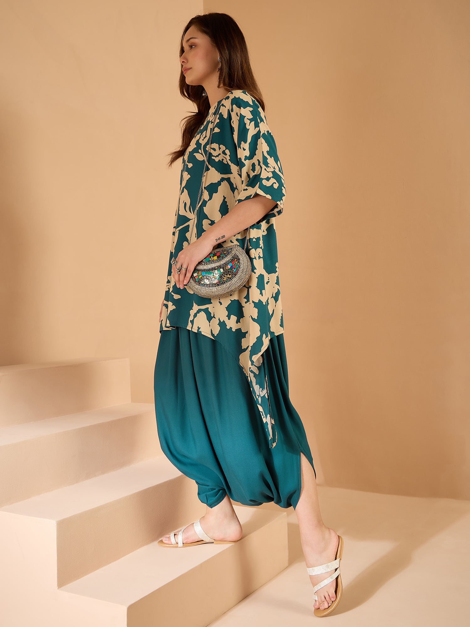 Teal Beige Boat Neck Dhoti Set