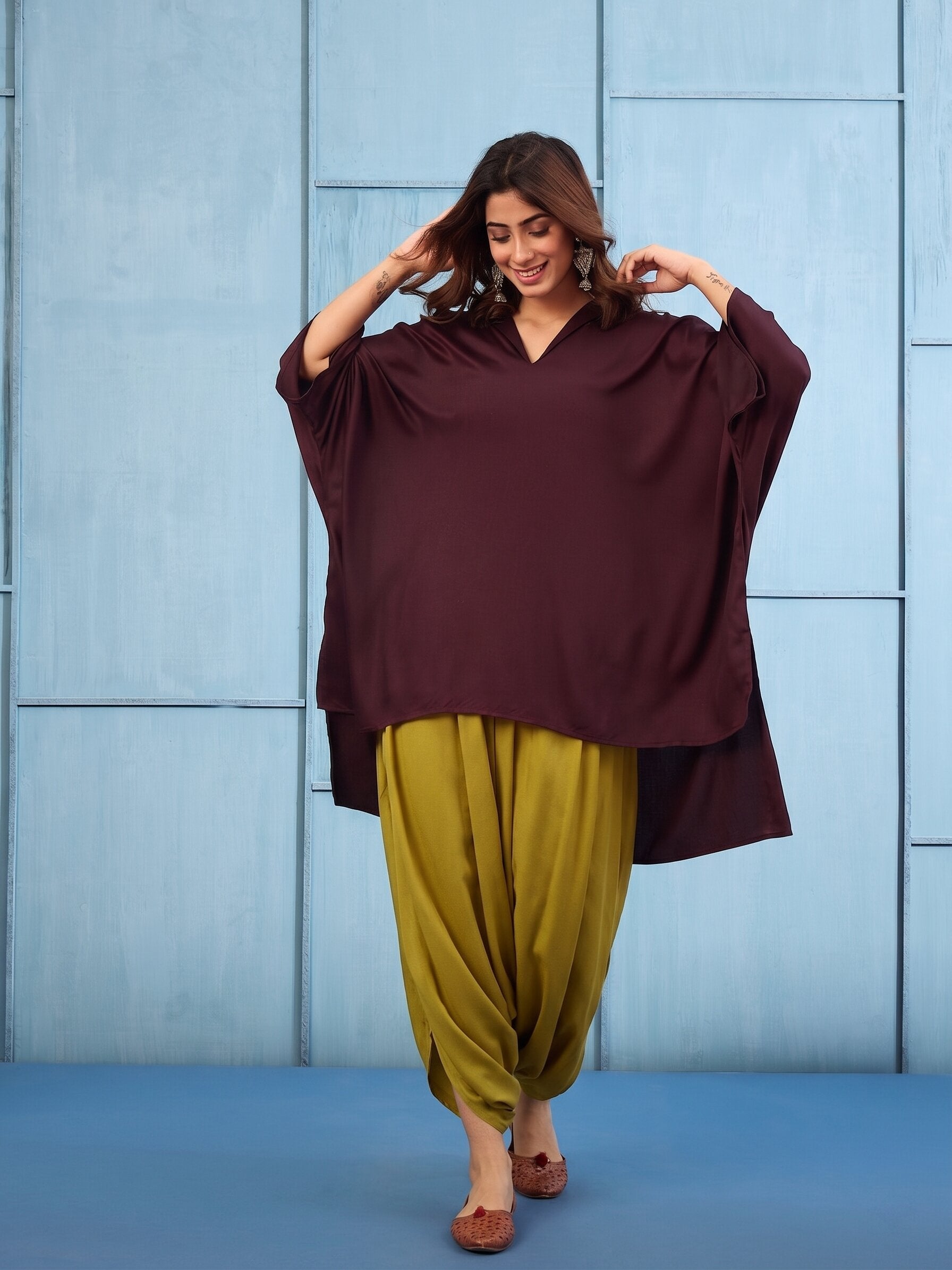 Dark Brown Collar Boho Top Dhoti Set
