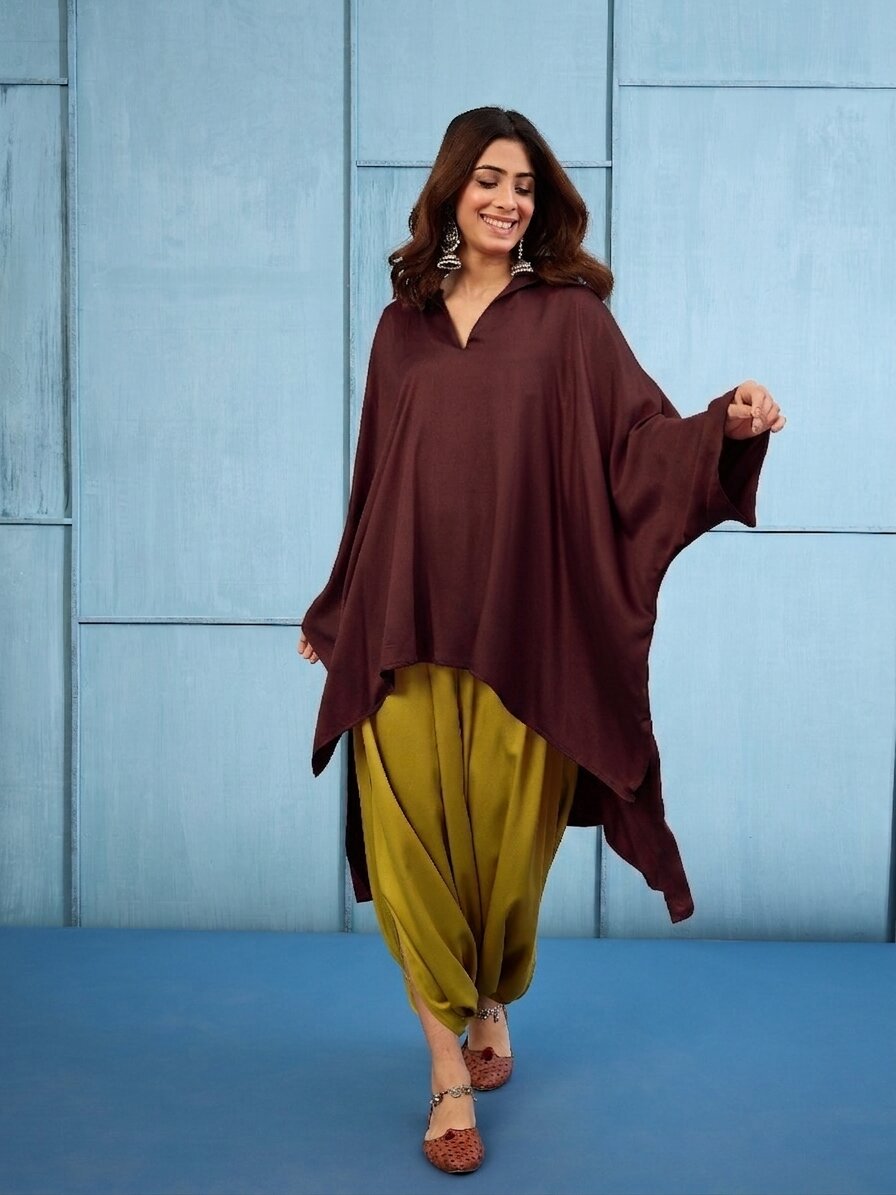 Dark Brown Collar Boho Top Dhoti Set