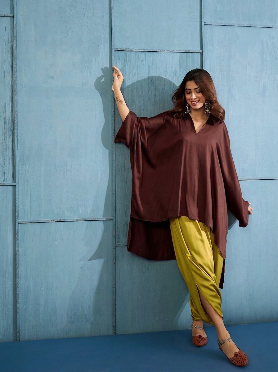 Dark Brown Collar Boho Top Dhoti Set