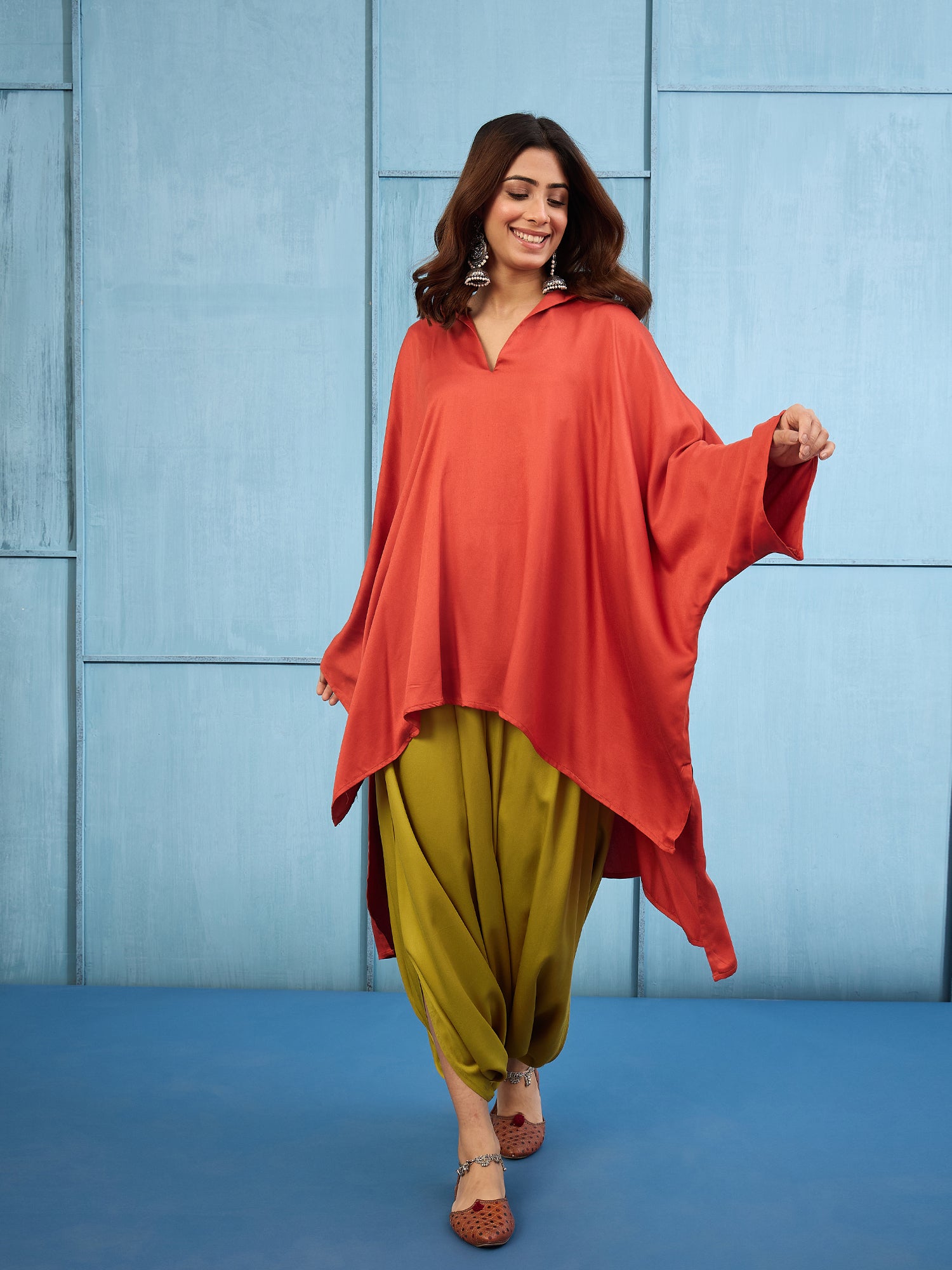 Rust Collar Boho Top Dhoti Set
