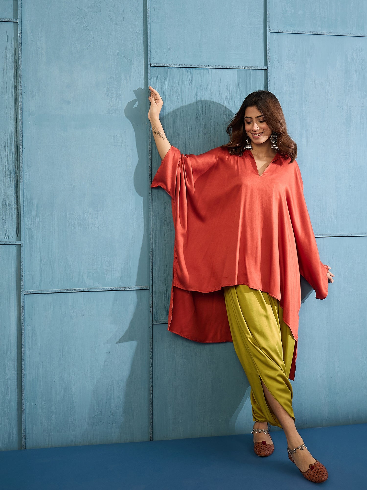 Rust Collar Boho Top Dhoti Set