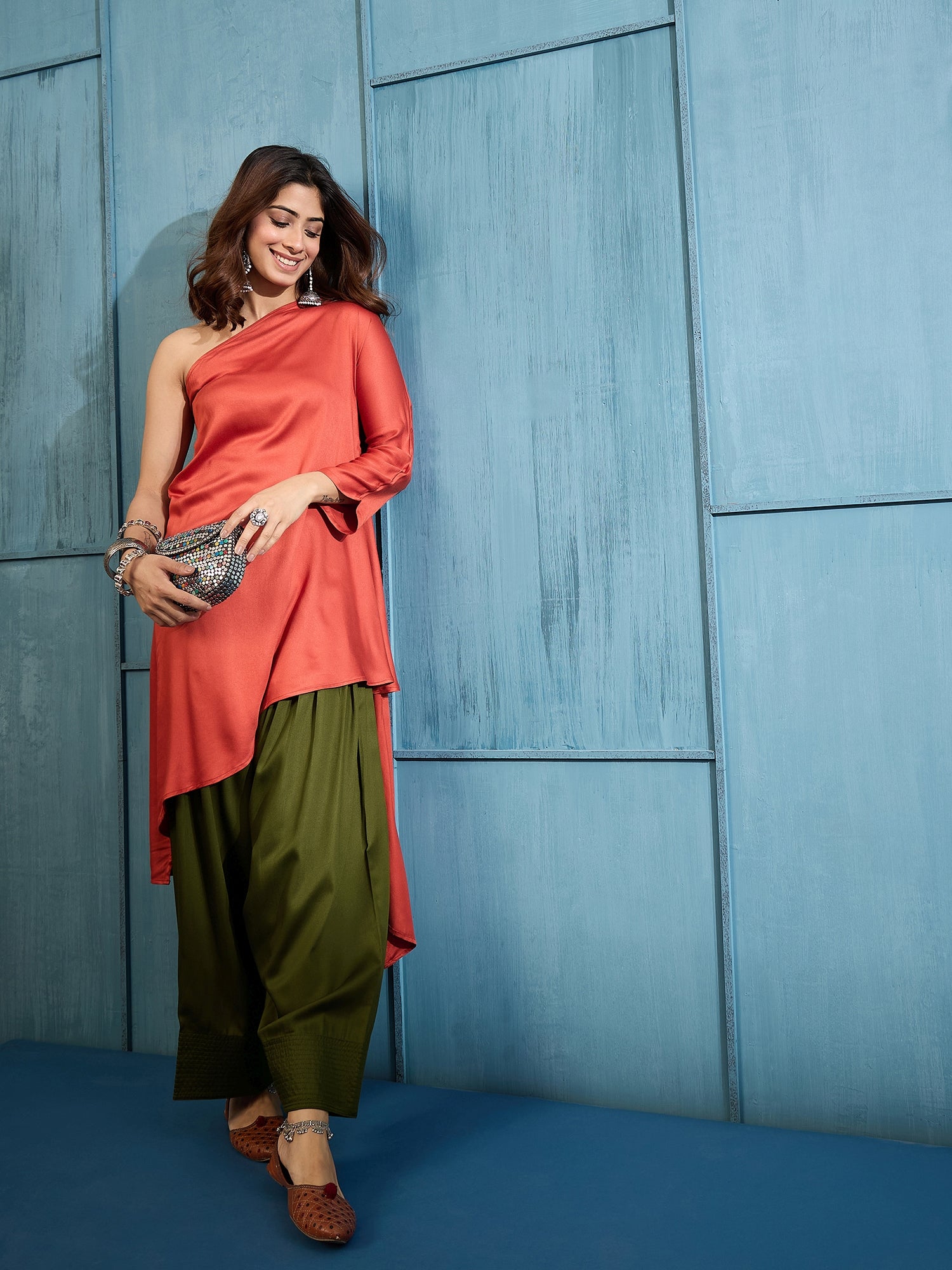 Rust One Shoulder Salwar Set (To be dispatched in 7 -10 days)