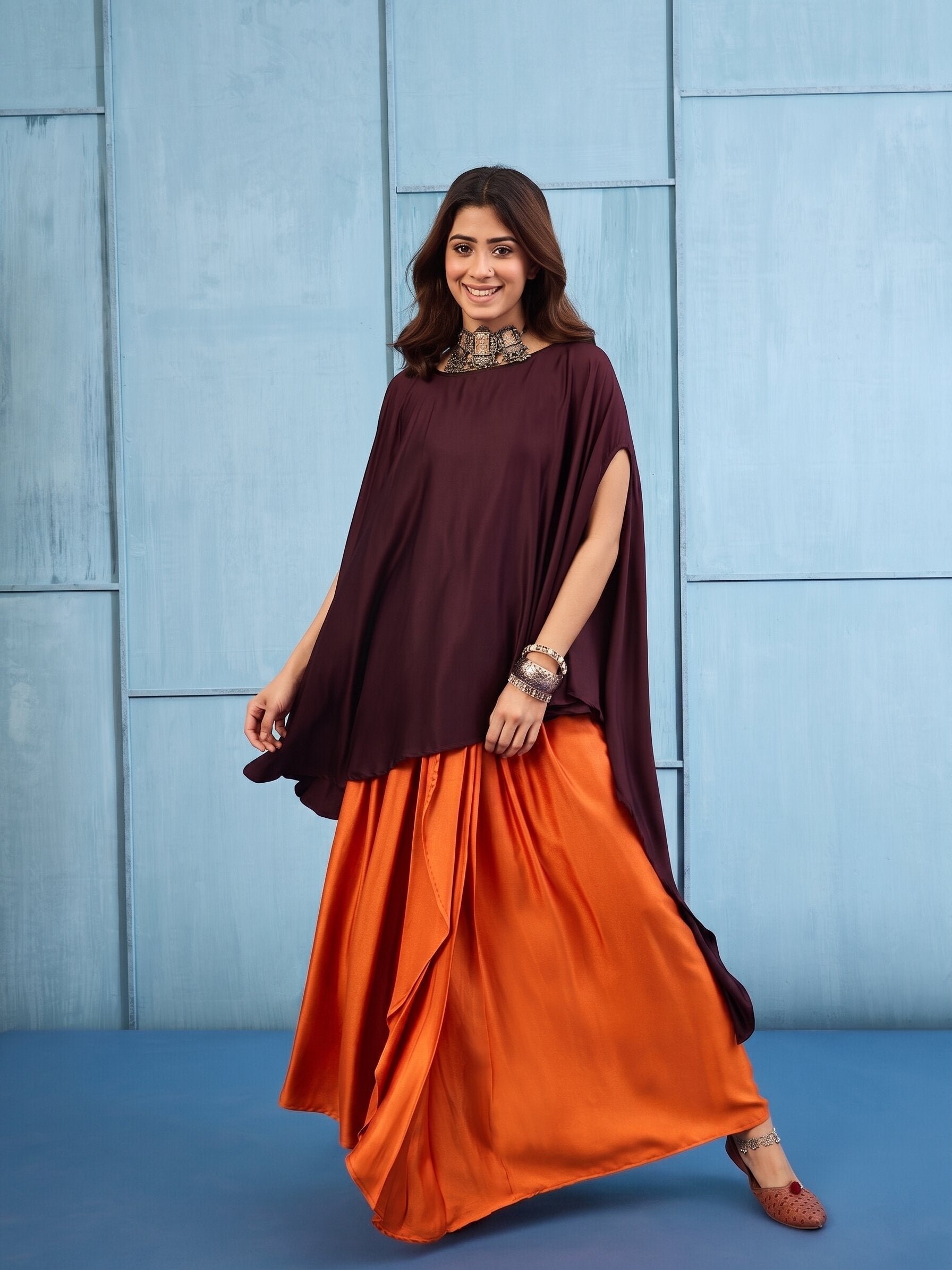 Dark Brown Cape Rust Skirt Set