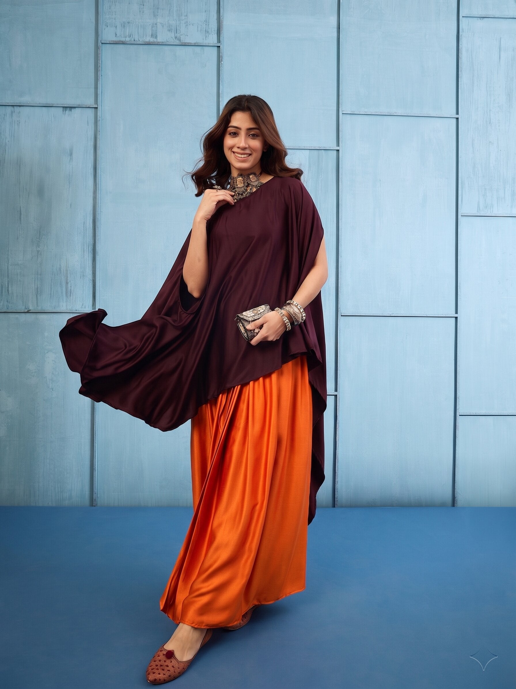 Dark Brown Cape Rust Skirt Set