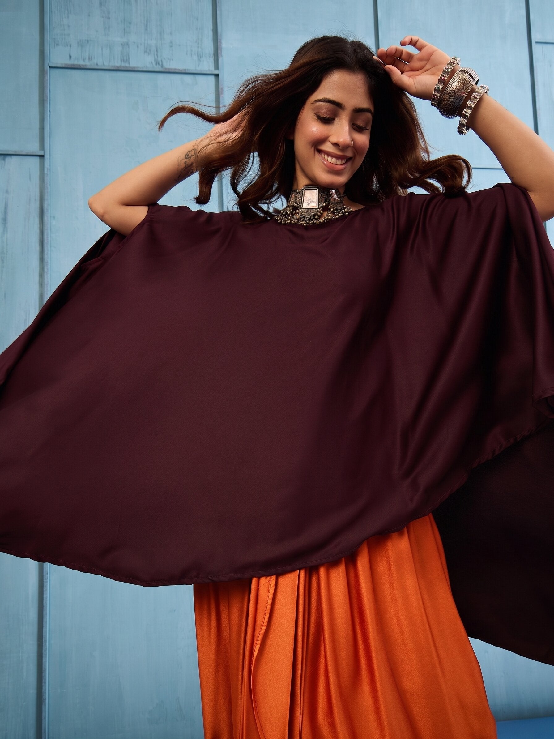 Dark Brown Cape Rust Skirt Set