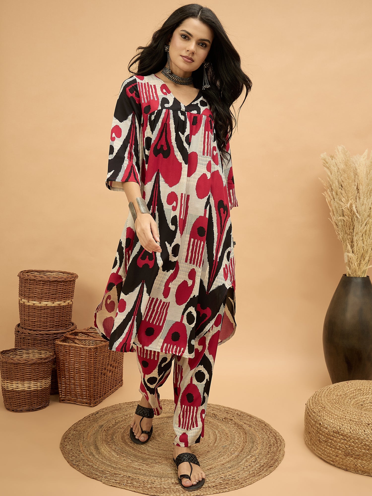 Beige Maroon Ikat Flared Kurta Pant Set