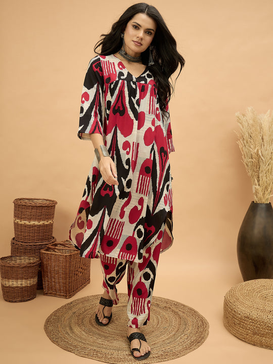 Beige Maroon Ikat Flared Kurta Pant Set