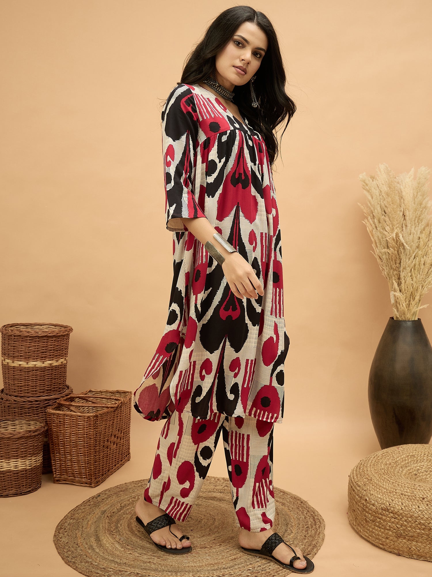 Beige Maroon Ikat Flared Kurta Pant Set