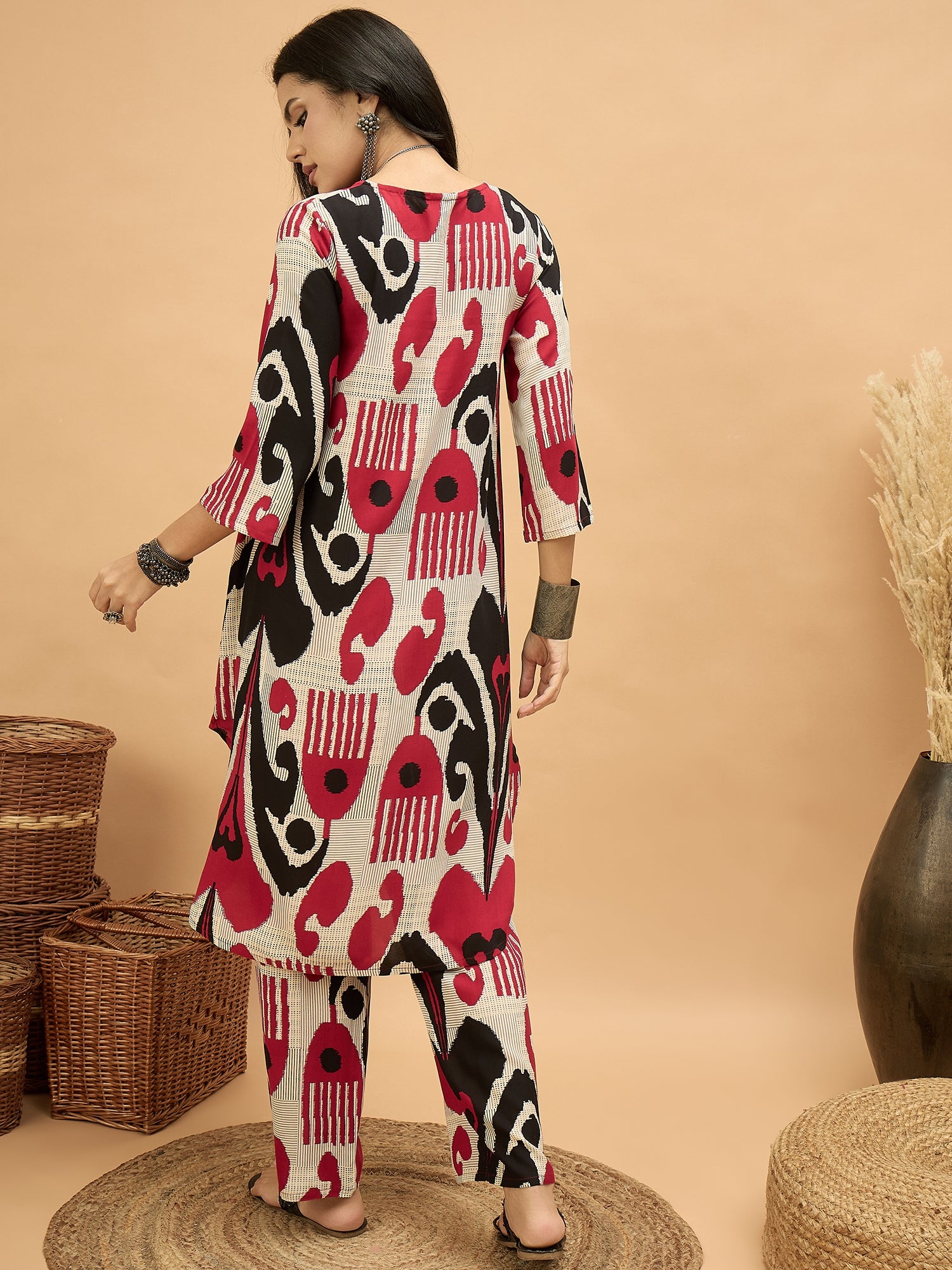 Beige Maroon Ikat Flared Kurta Pant Set