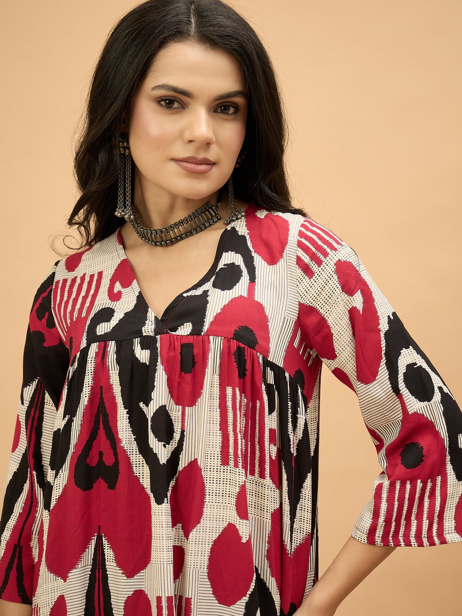 Beige Maroon Ikat Flared Kurta Pant Set