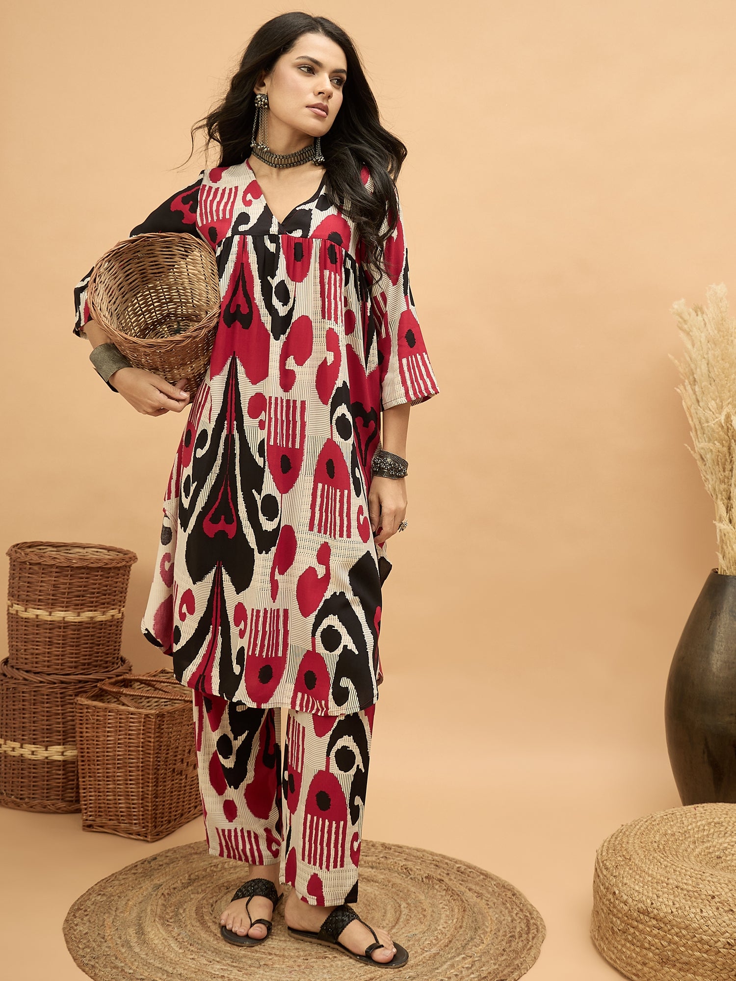 Beige Maroon Ikat Flared Kurta Pant Set