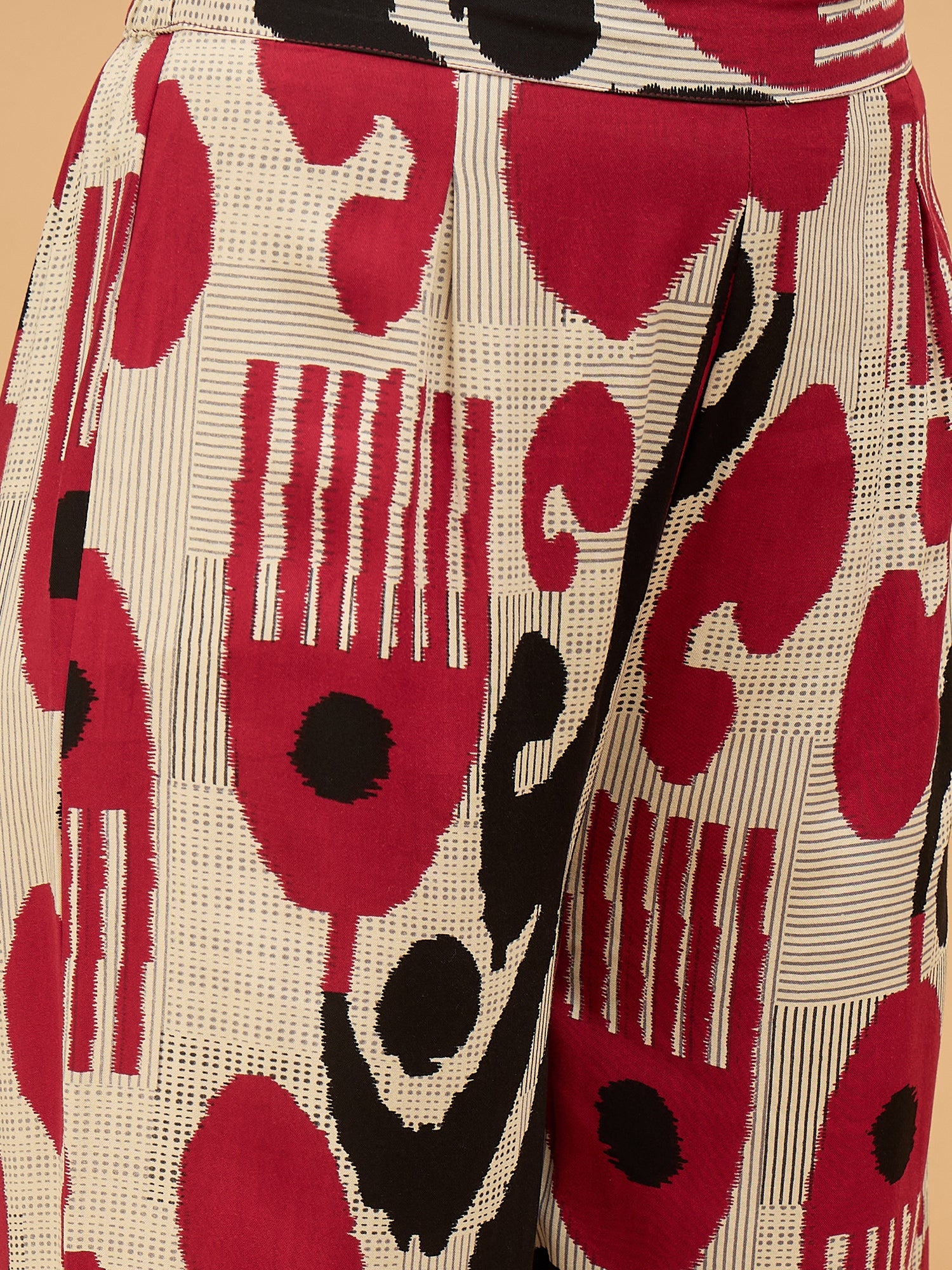 Beige Maroon Ikat Flared Kurta Pant Set