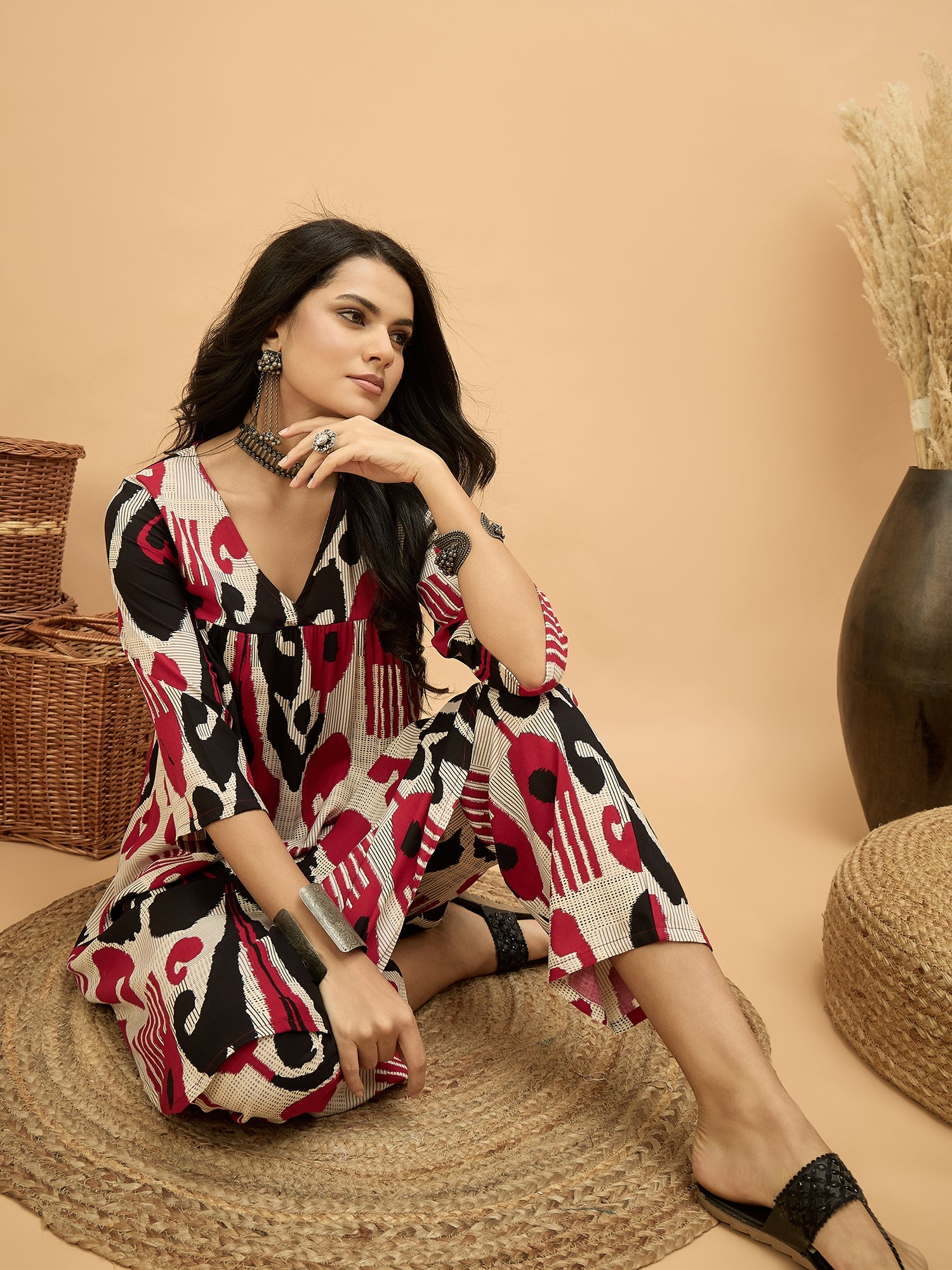 Beige Maroon Ikat Flared Kurta Pant Set