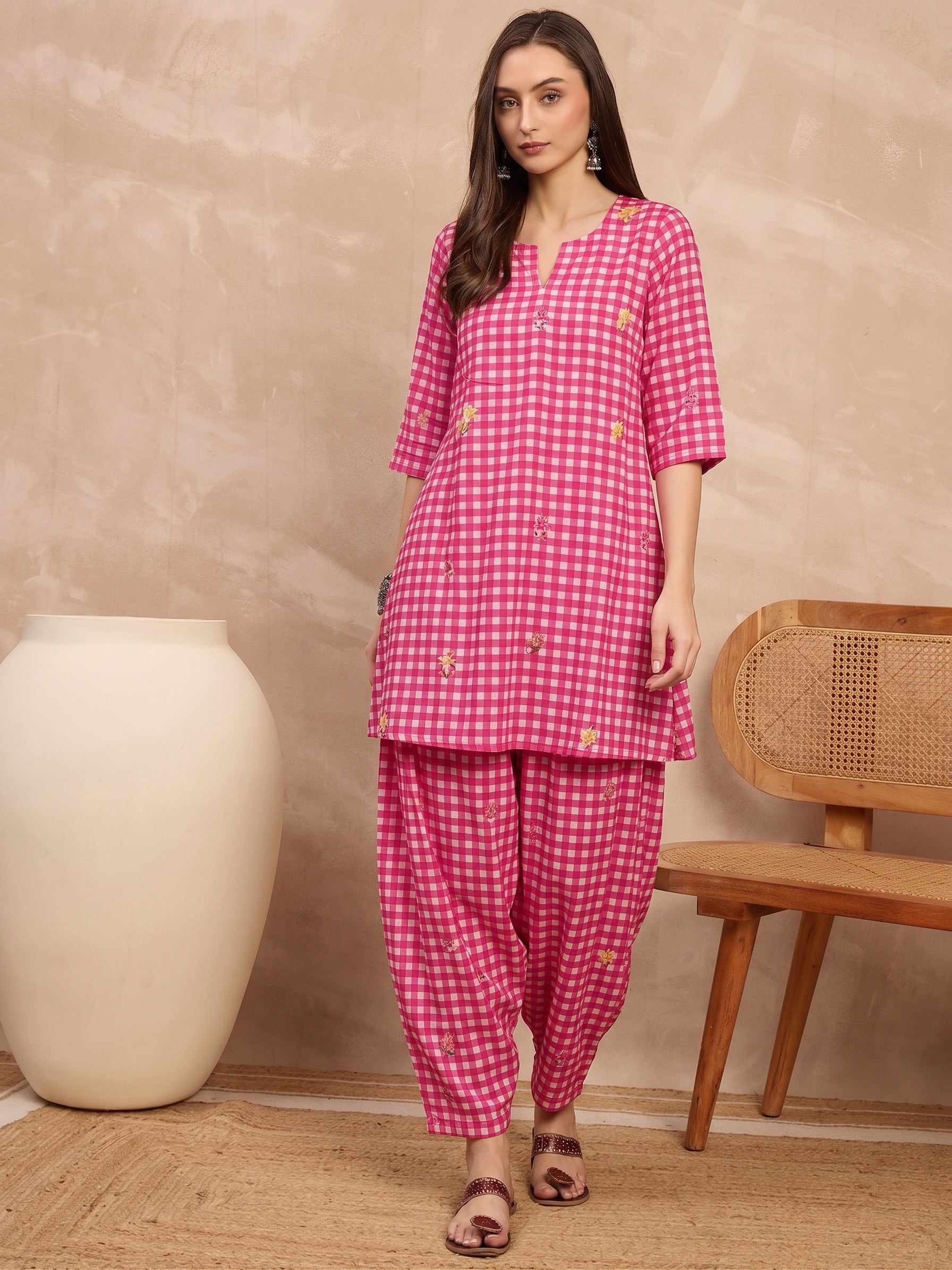 Pink Check Floral Balloon Co-Ord