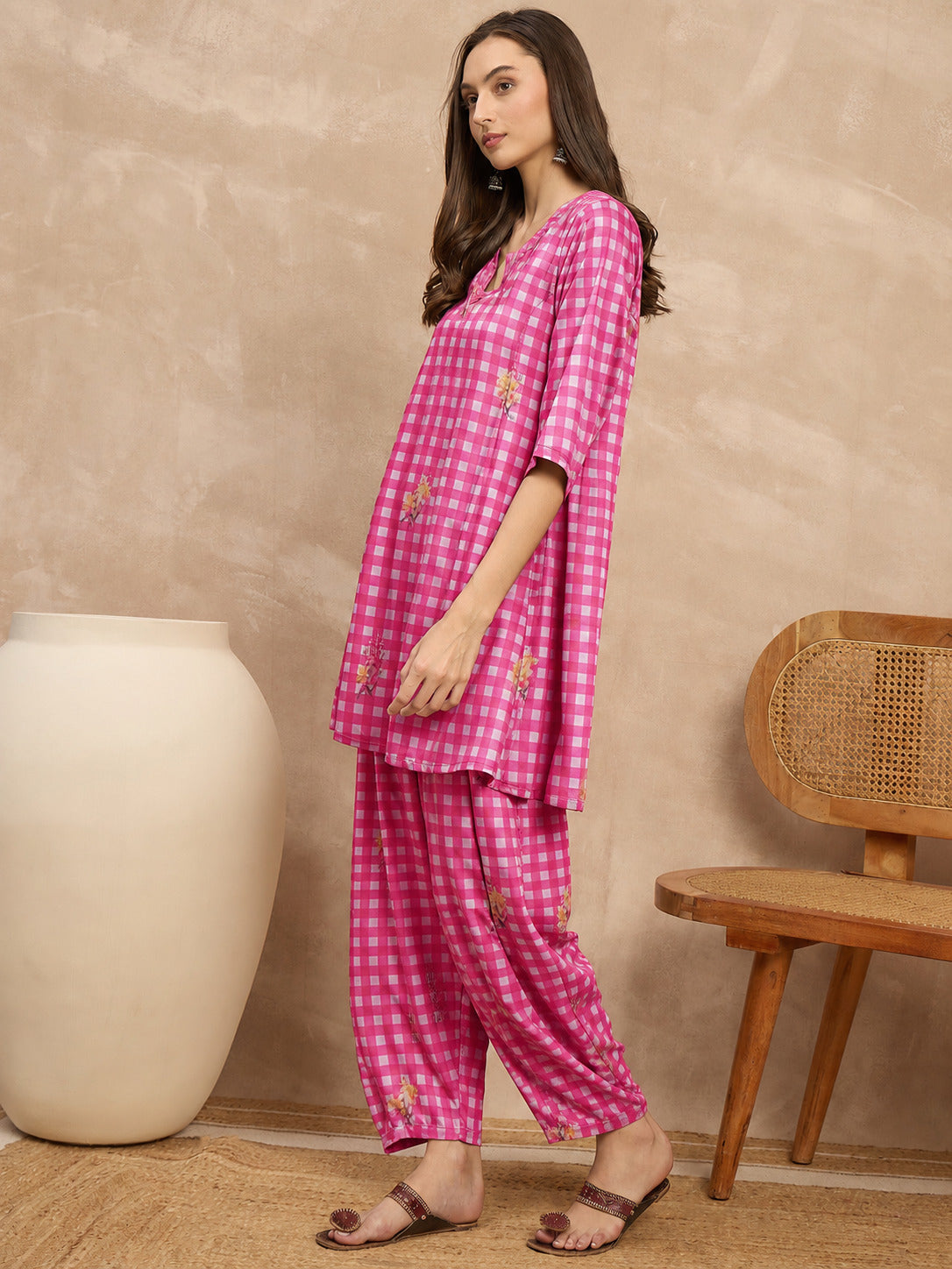 Pink Check Floral Balloon Co-Ord