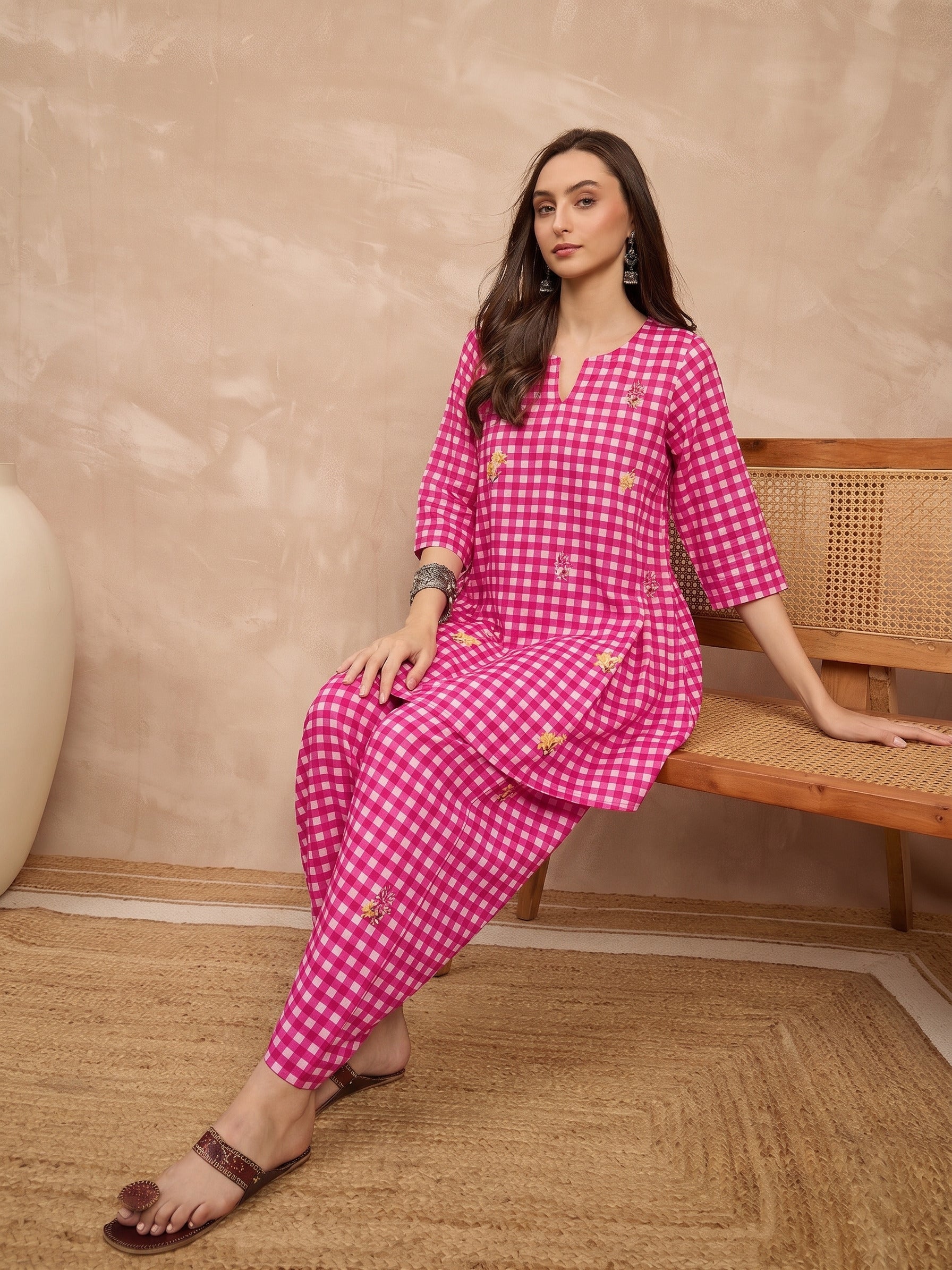 Pink Check Floral Balloon Co-Ord