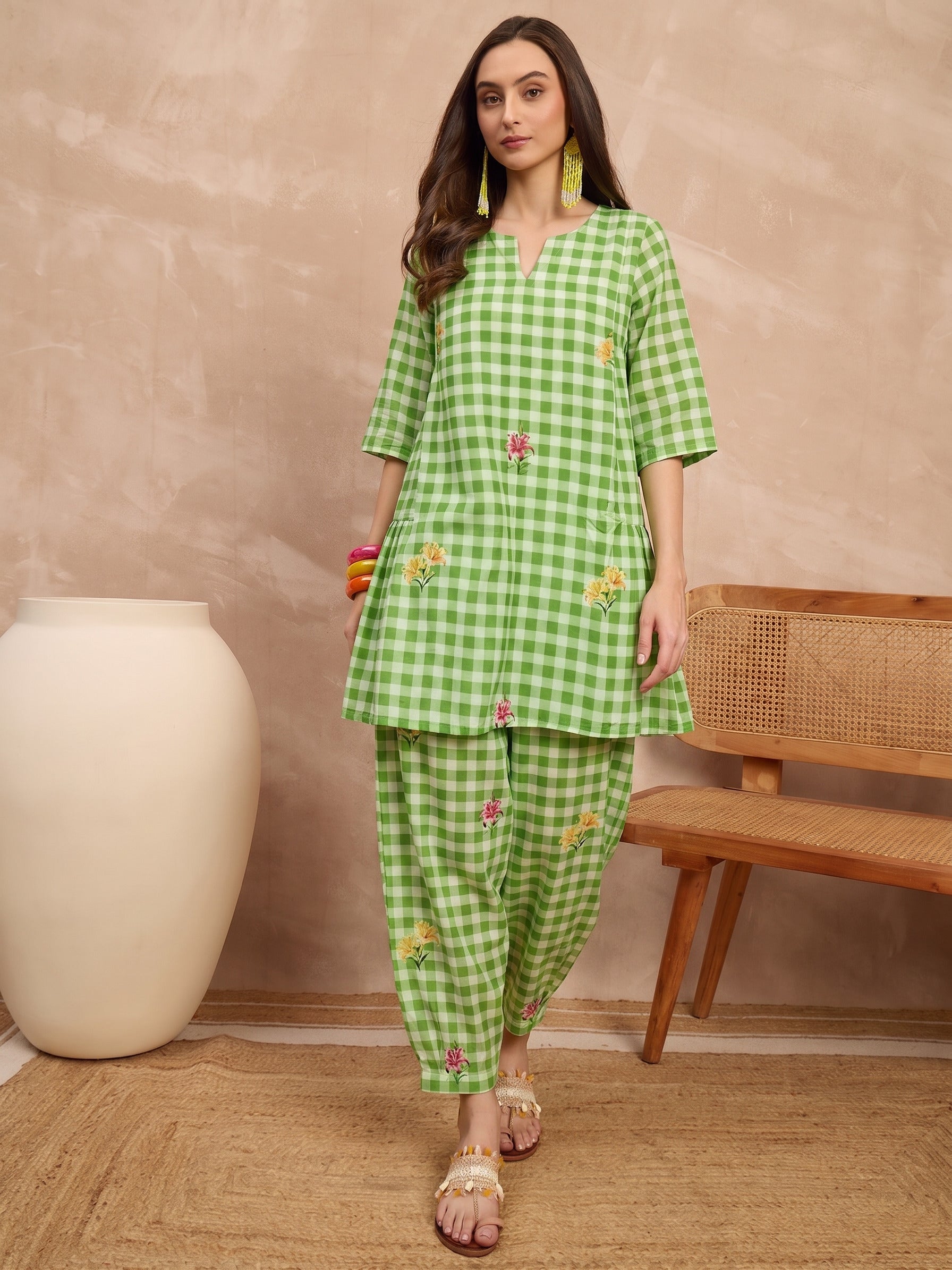 Green Check Floral Balloon Co-Ord