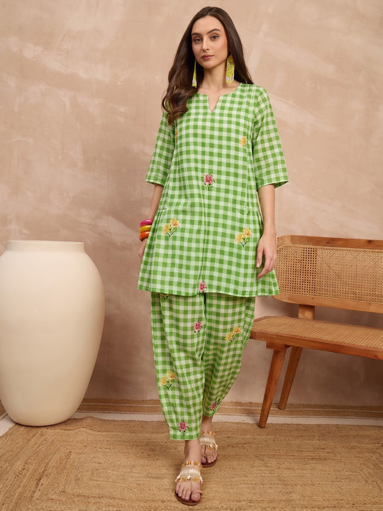 Green Check Floral Balloon Co-Ord