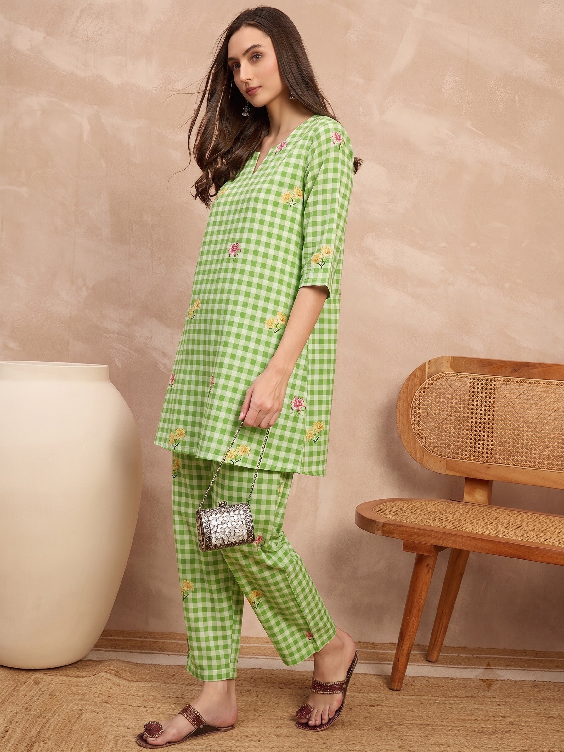 Green Check Floral Balloon Co-Ord