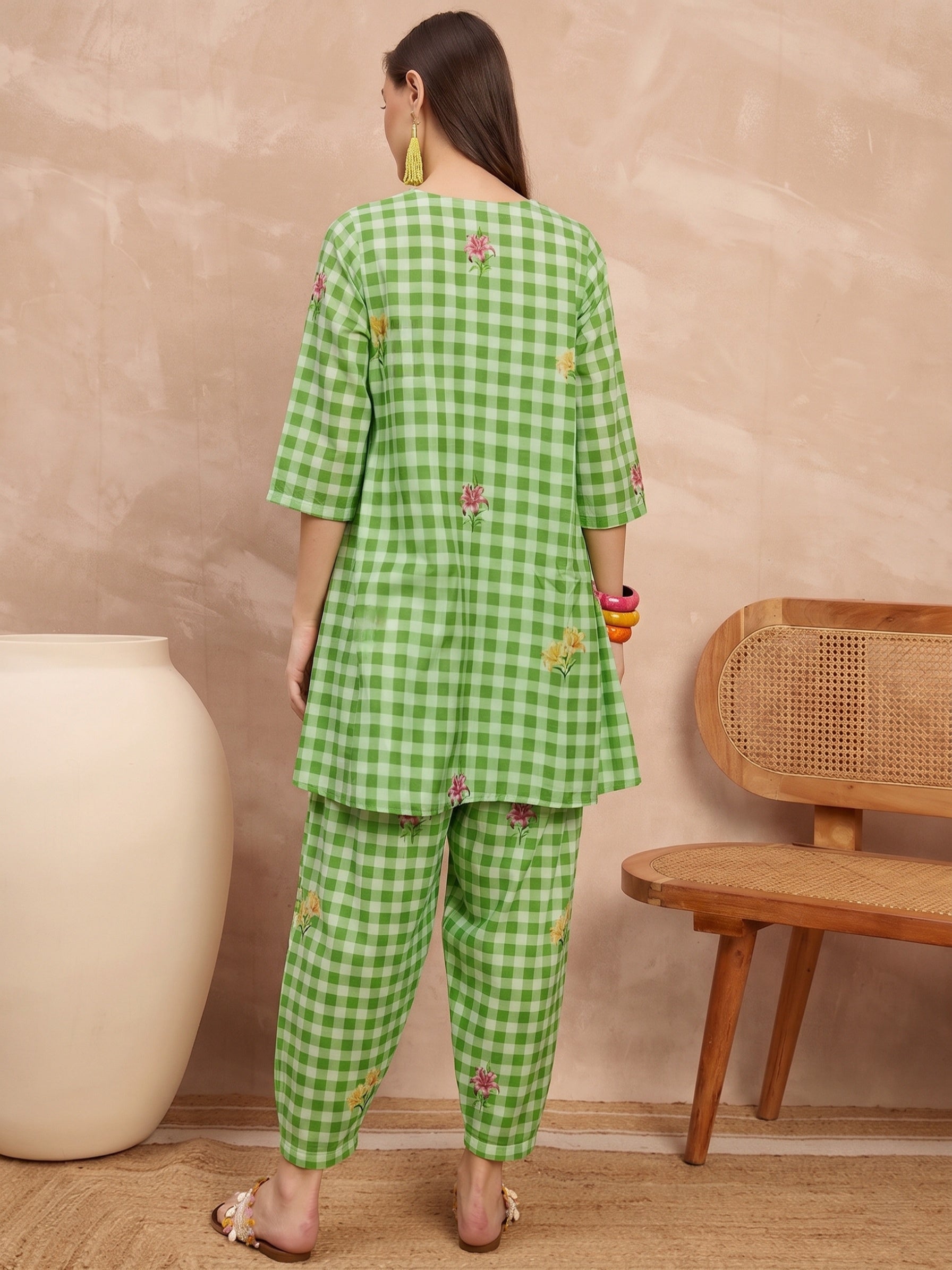 Green Check Floral Balloon Co-Ord