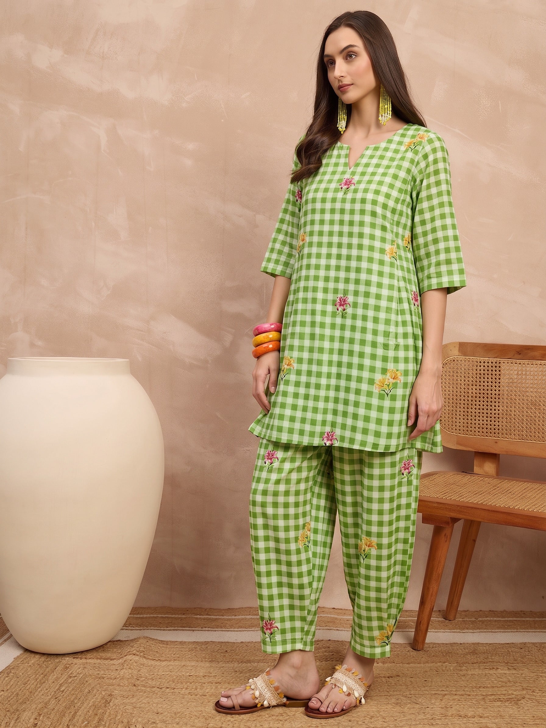 Green Check Floral Balloon Co-Ord