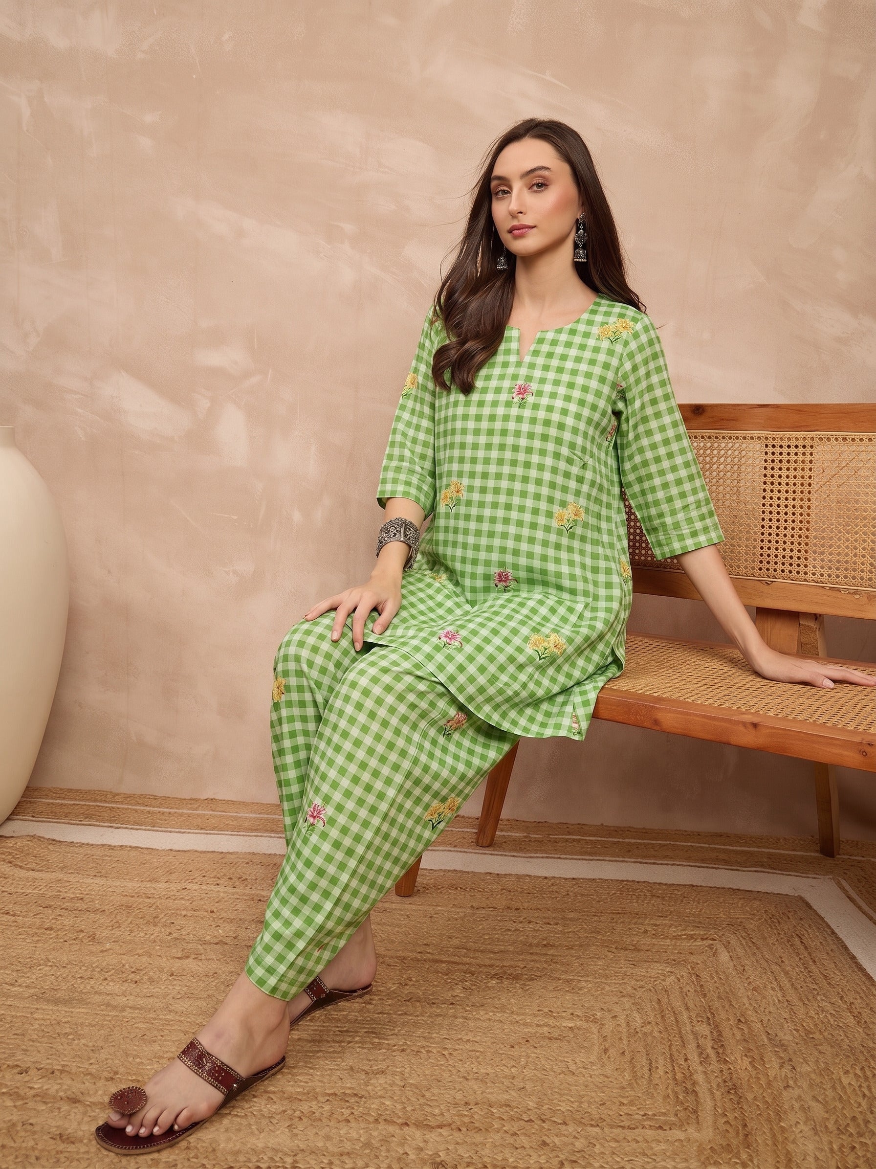 Green Check Floral Balloon Co-Ord