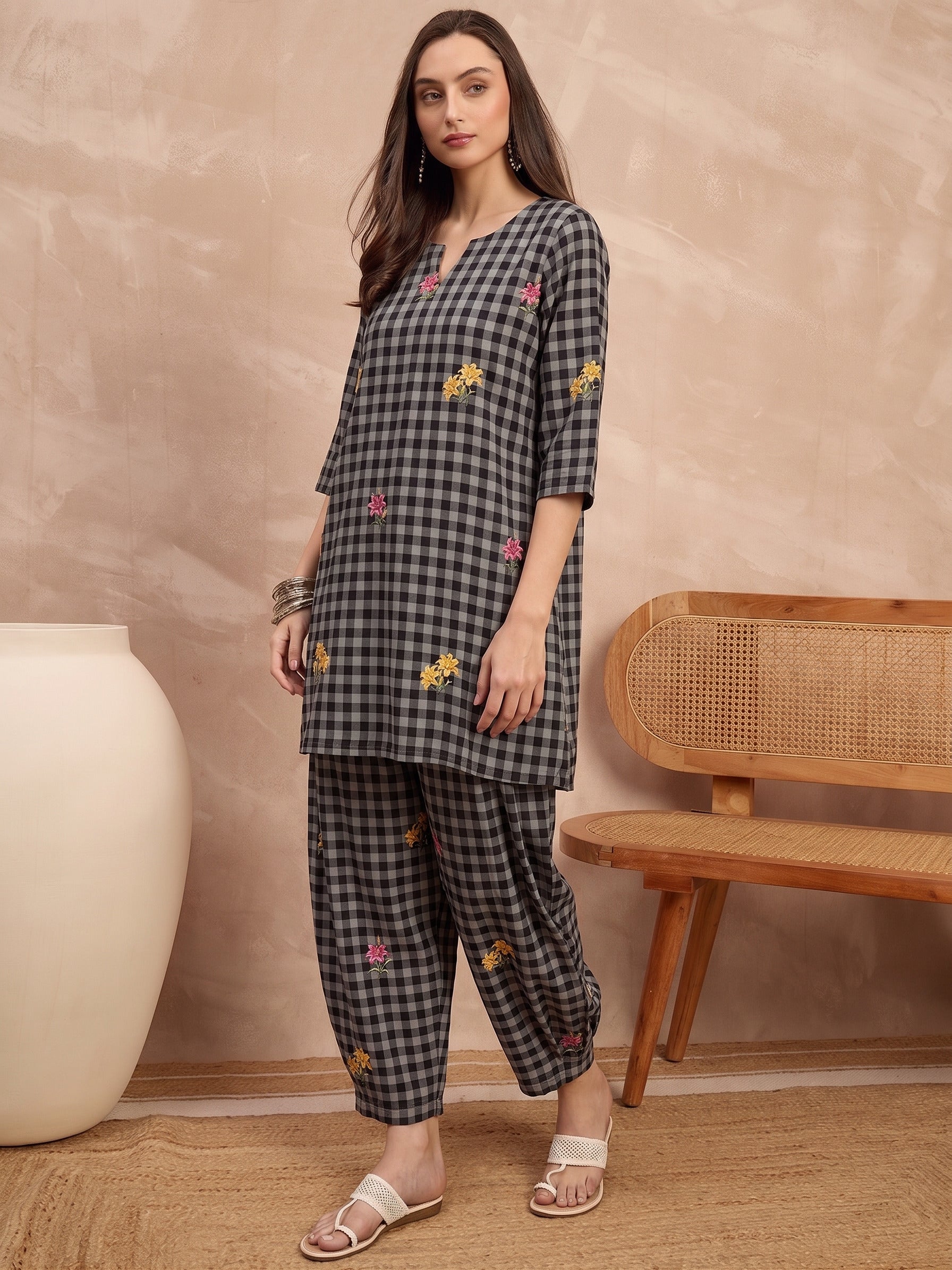 Black Check Floral Balloon Co-Ord