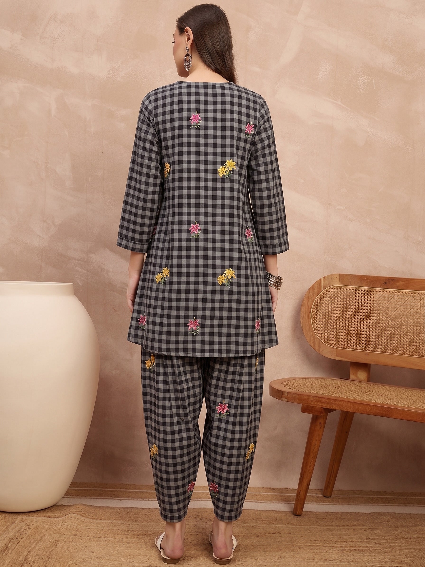 Black Check Floral Balloon Co-Ord